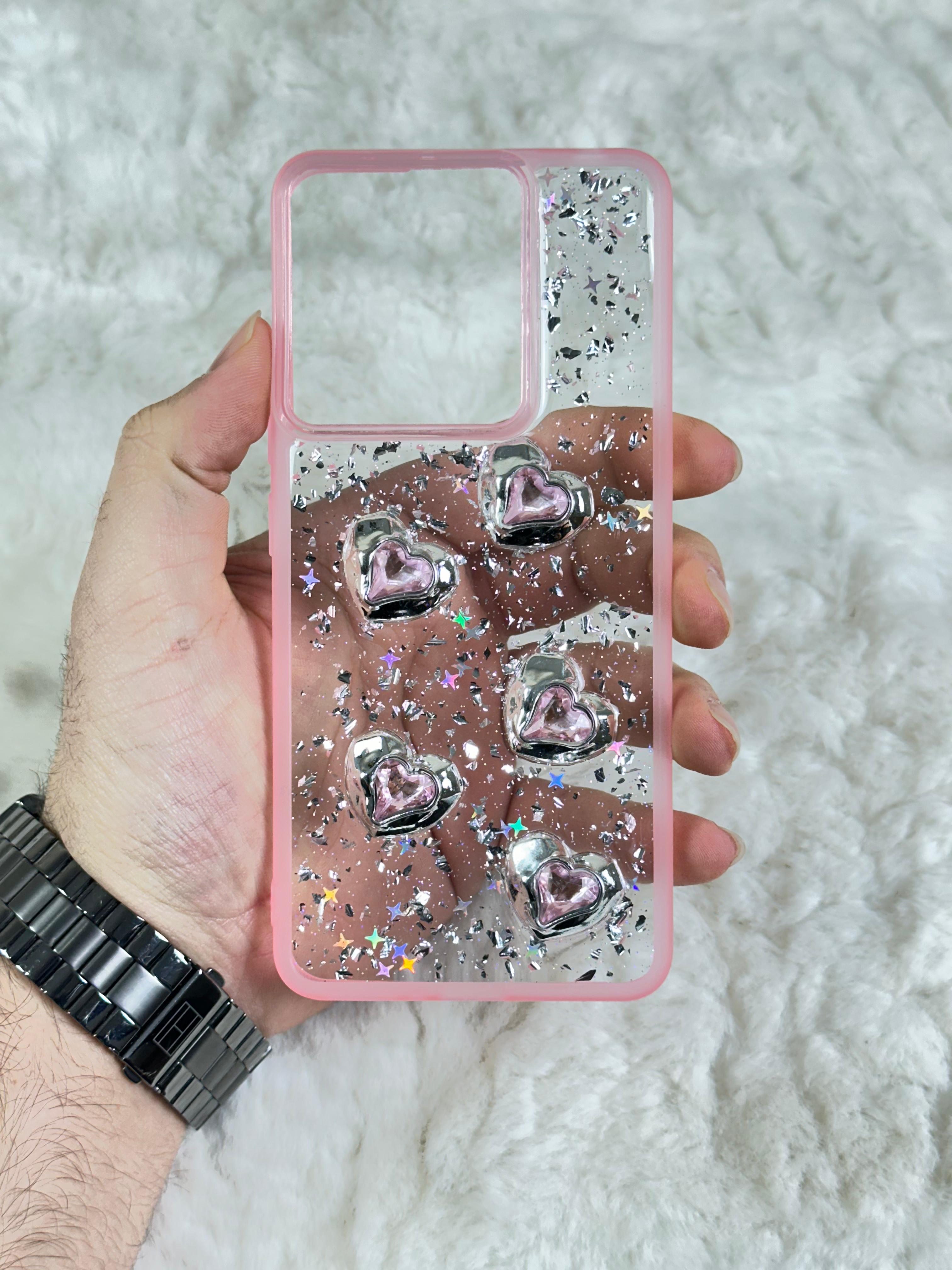 Xiaomi Redmi Note 13 4G Şeffaf Parlak Taşlı Glitter Kılıf - Pembe taşlı kalp