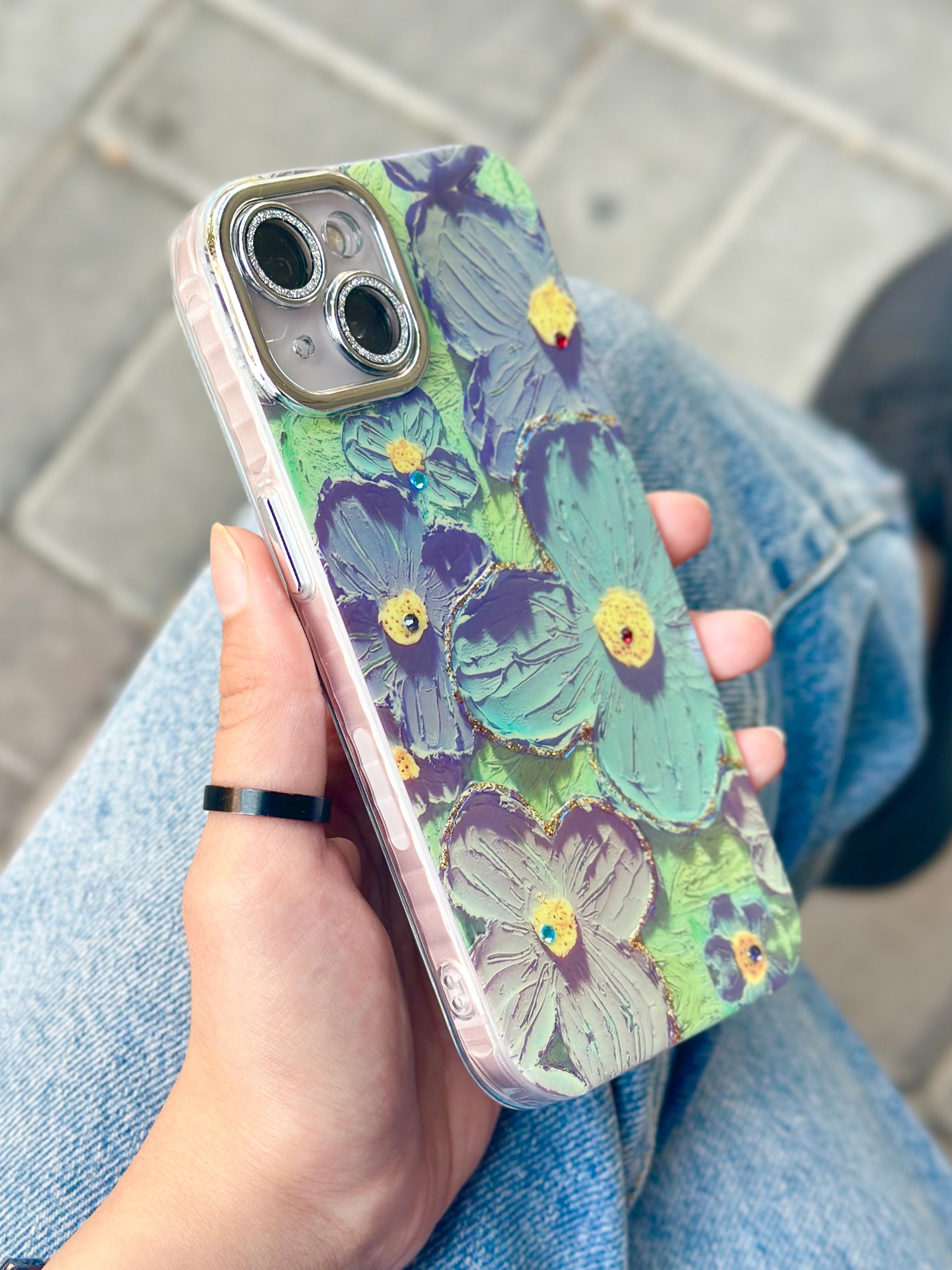 iPhone 15 Çiçek Desenli Lens Koruyuculu Paint Kılıfı  - No 1