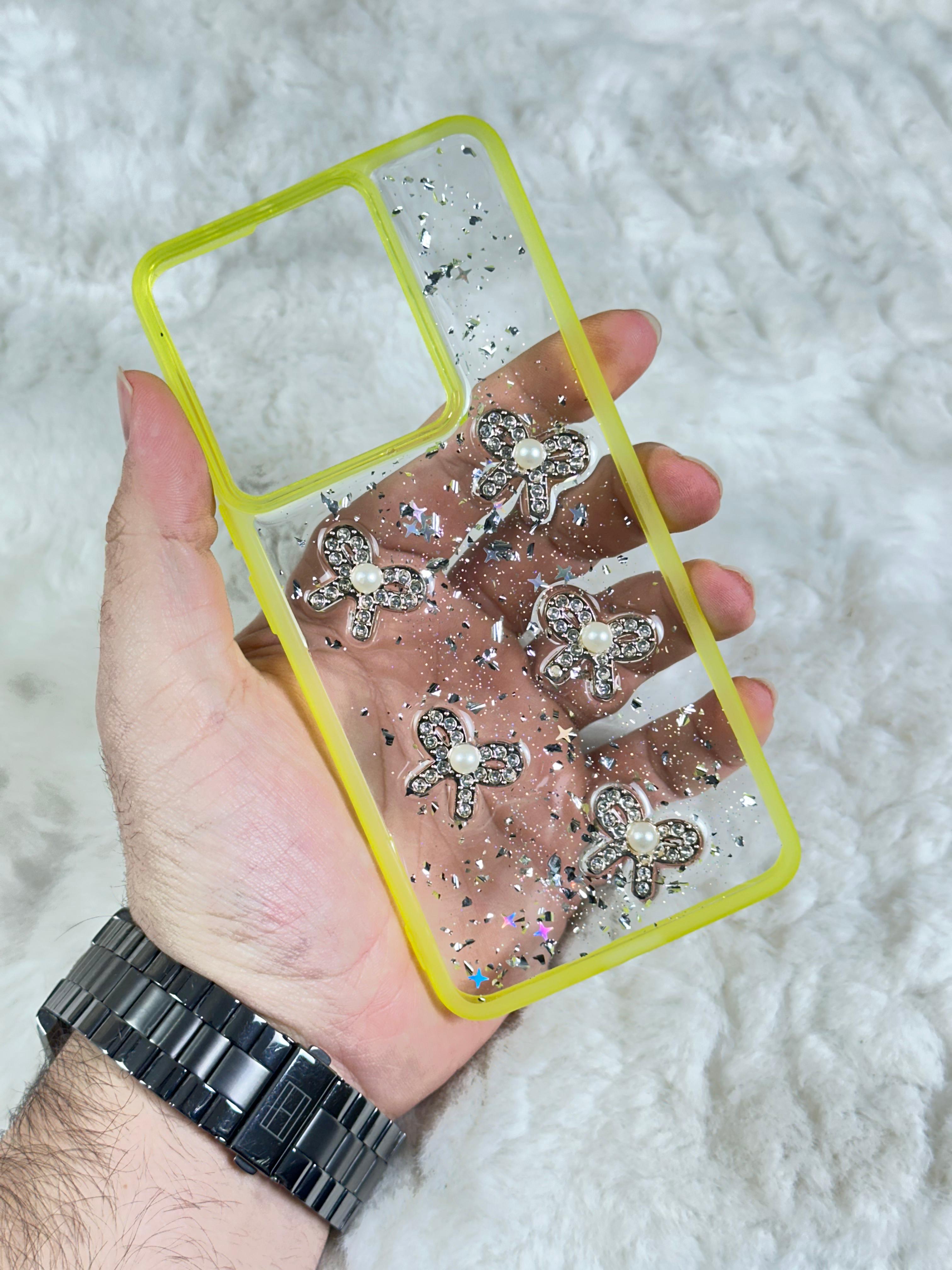 Xiaomi Redmi Note 13 4G Şeffaf Parlak Taşlı Glitter Kılıf - sarı kurdela