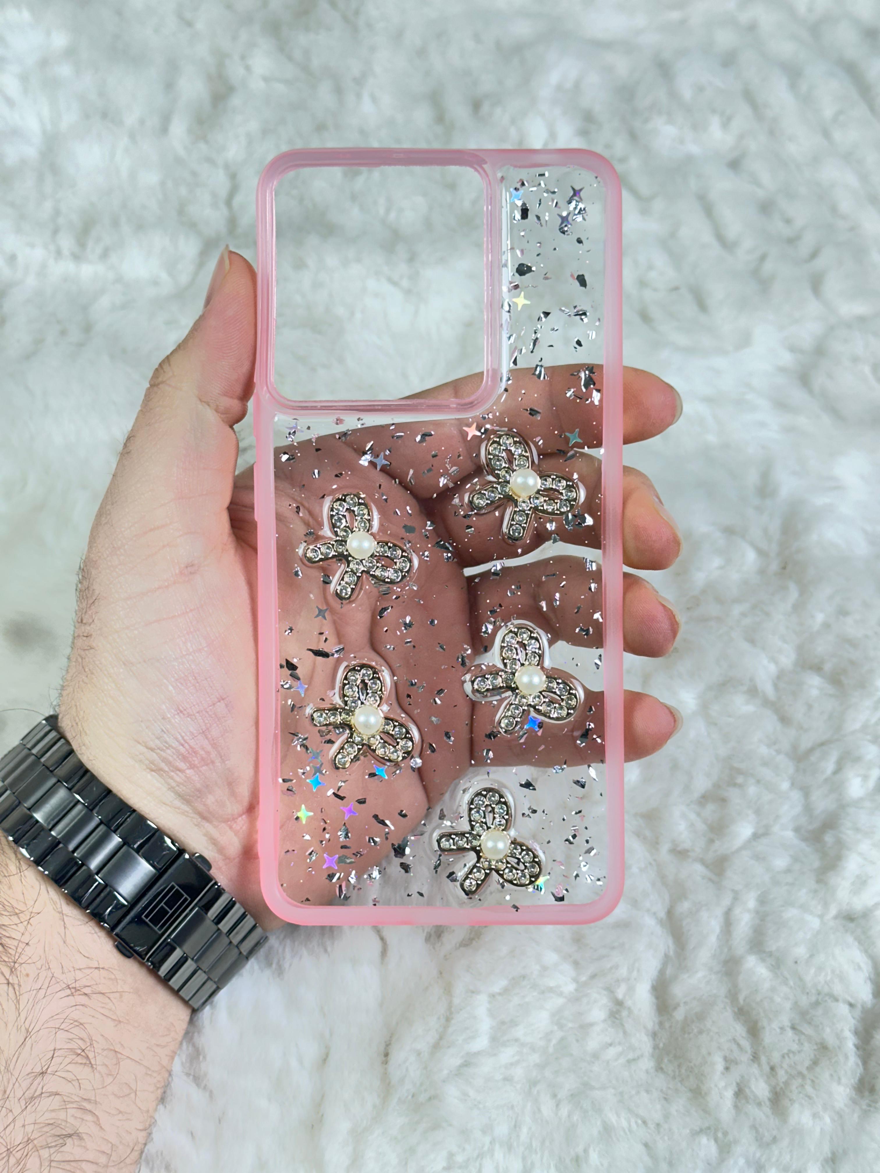 Xiaomi Redmi Note 13 4G Şeffaf Parlak Taşlı Glitter Kılıf - pembe kurdela