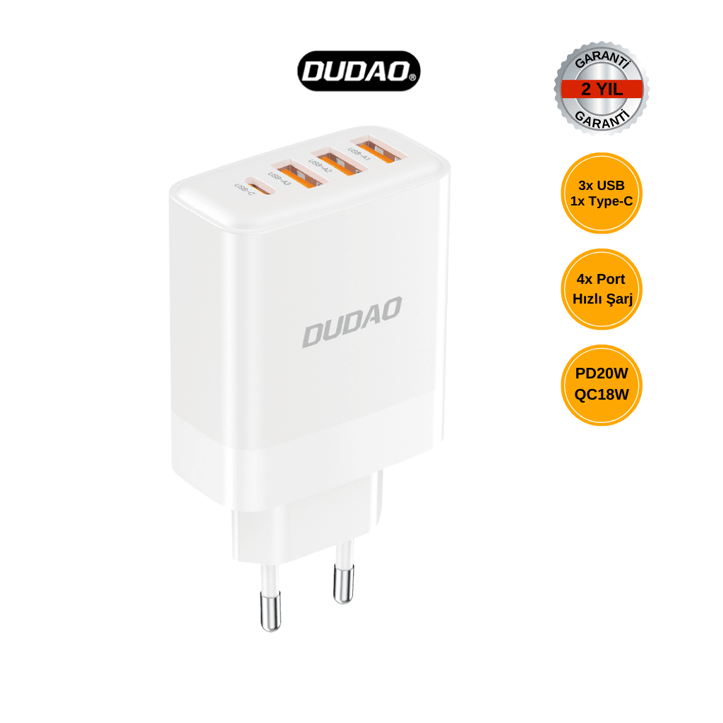 DUDAO A5H Şarj Adaptörü 3 Tane USB Girişi (QC 18W) ve 1 Tane Type-C Girişi (PD 20W) 