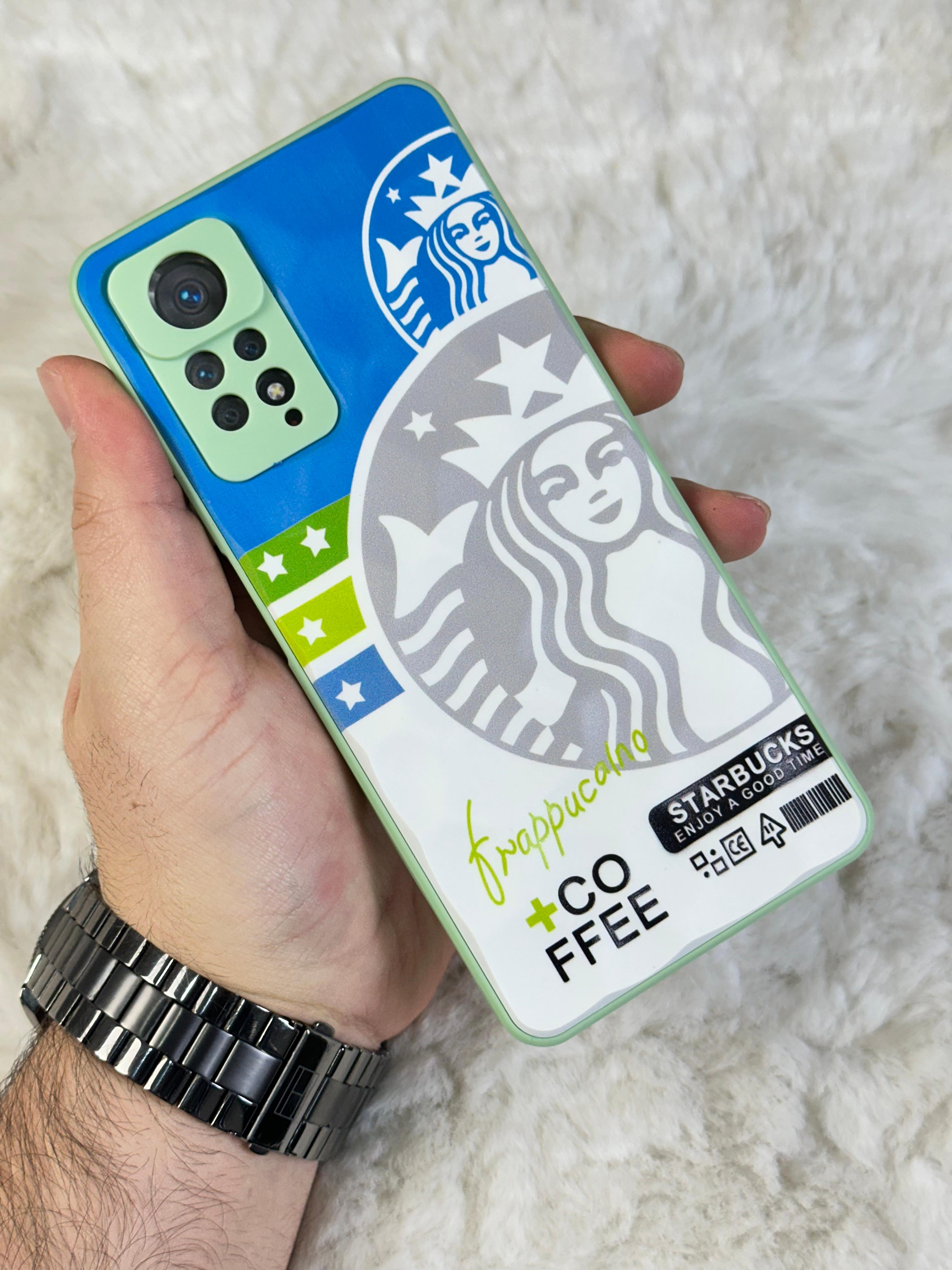 Xiaomi Note 11 Pro uyumlu Arkası Sert Kapaklı Yanları Silikonlu Starbucks-Nike Kılıf  - mavi beyaz star