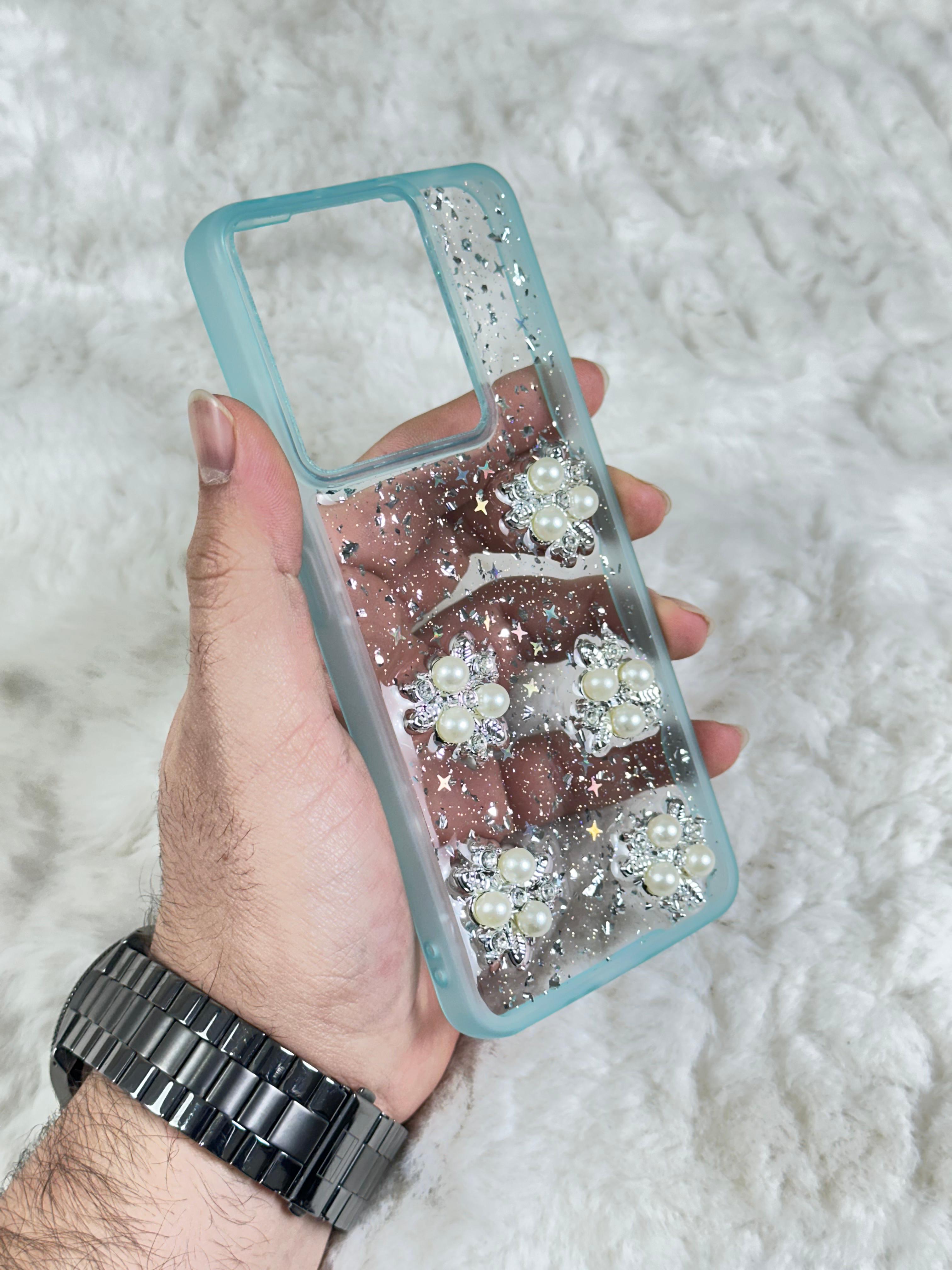 Xiaomi Redmi Note 13 4G Şeffaf Parlak Taşlı Glitter Kılıf - turkuaz boncuk