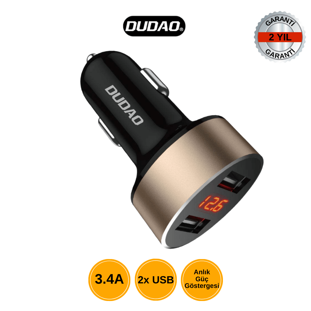 DUDAO R1S Çift USB Araç Şarj Adaptörü – 3.4A Hızlı Şarj & Anlık Güç Göstergesi