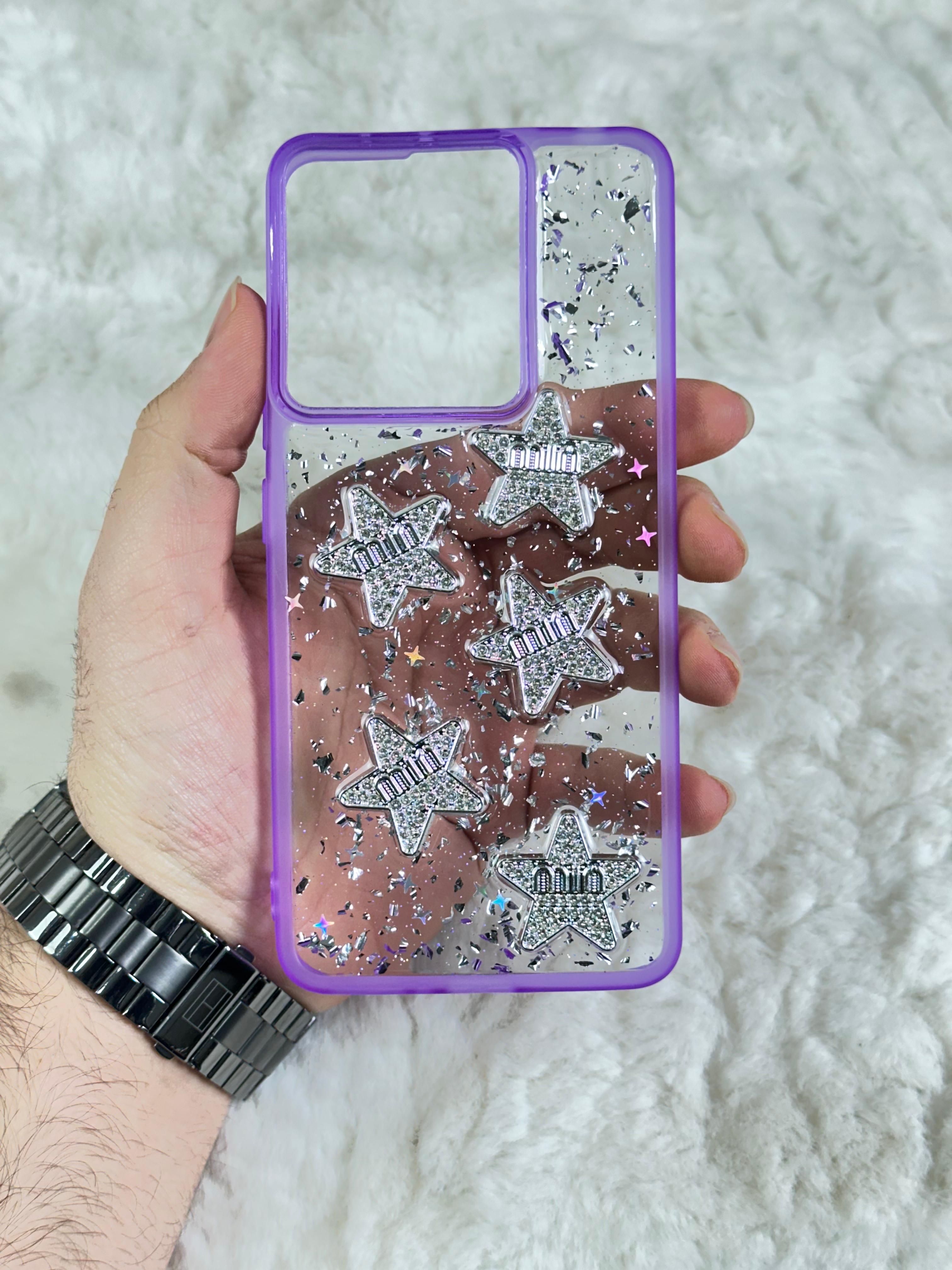 Xiaomi Redmi Note 13 4G Şeffaf Parlak Taşlı Glitter Kılıf - mor yıldız min