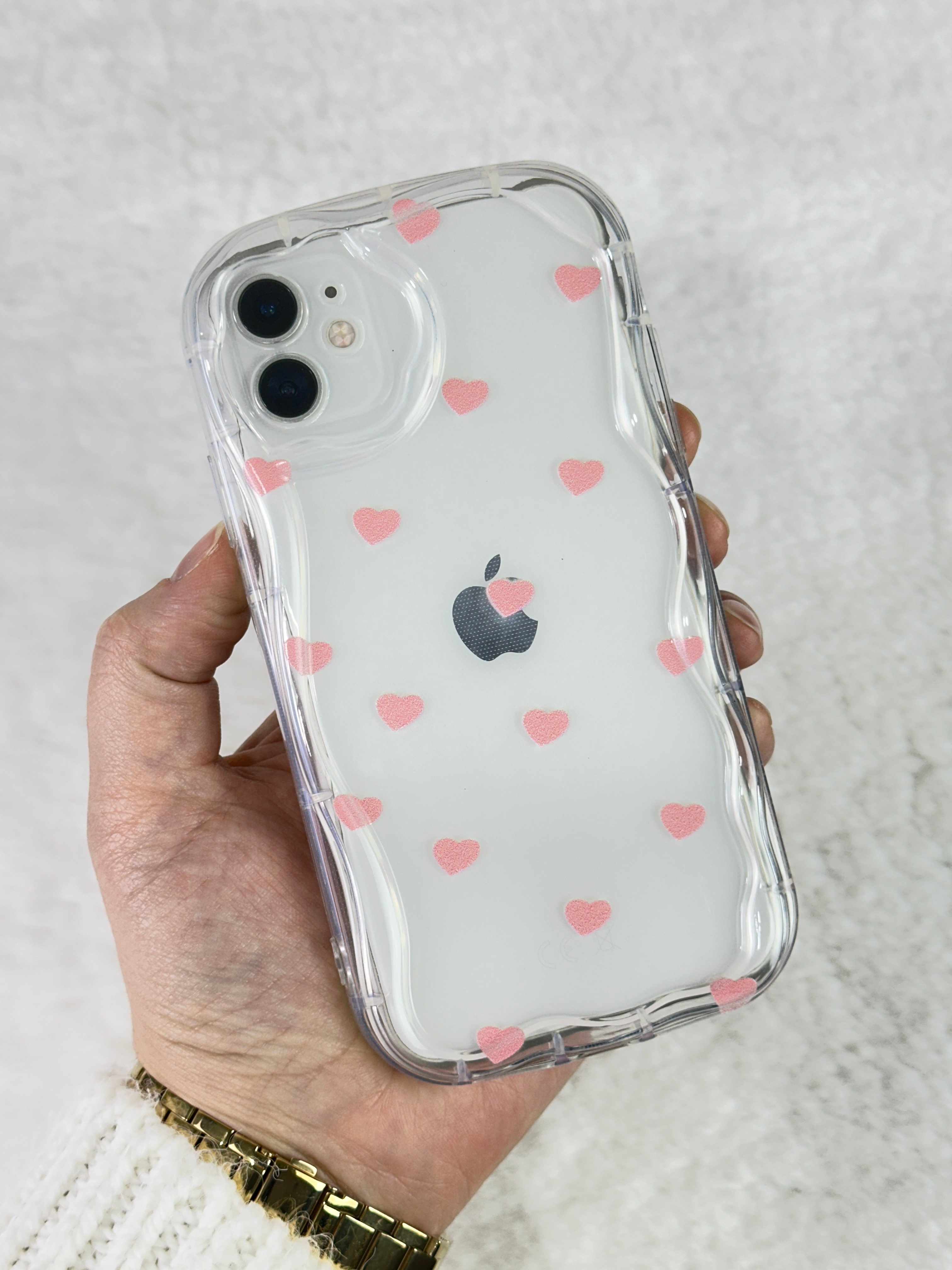 iPhone 11 Şeffaf Pembe Kalp Desenli Kamera Çıkıntılı Poly Kılıf