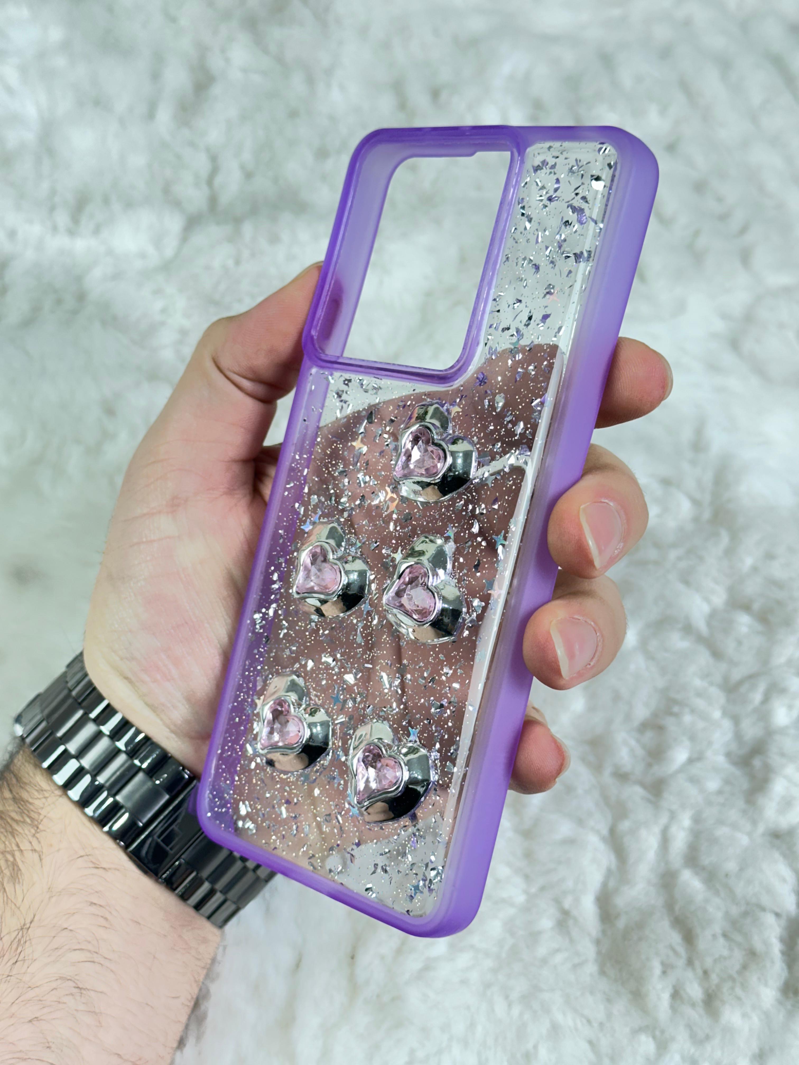 Xiaomi Redmi Note 13 4G Şeffaf Parlak Taşlı Glitter Kılıf - mor taşlı kalp