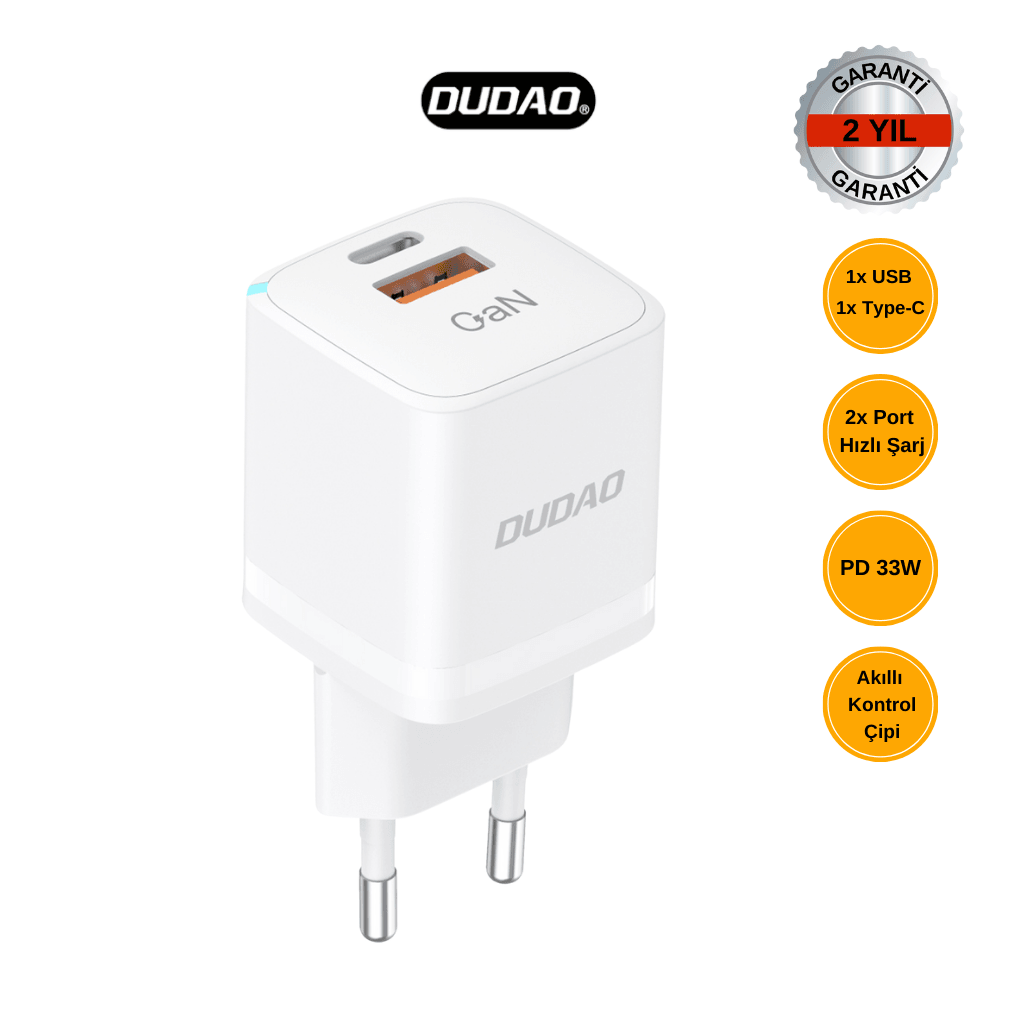 DUDAO A13PRO Kompakt Şarj Adaptörü 1 Tane USB Giriş ve 1 Tane Type-C Giriş (PD 33W)