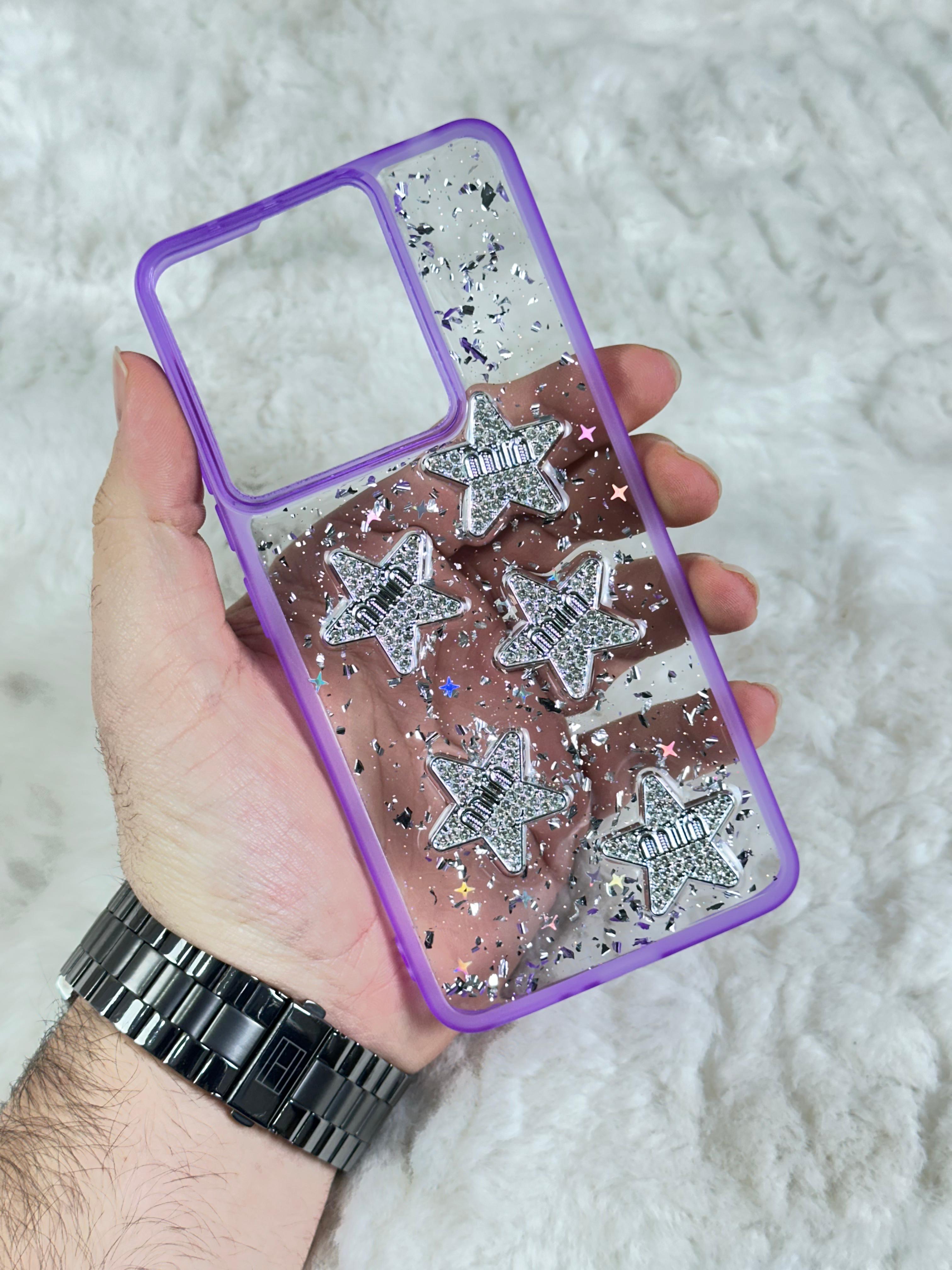 Xiaomi Redmi Note 13 4G Şeffaf Parlak Taşlı Glitter Kılıf - mor yıldız min