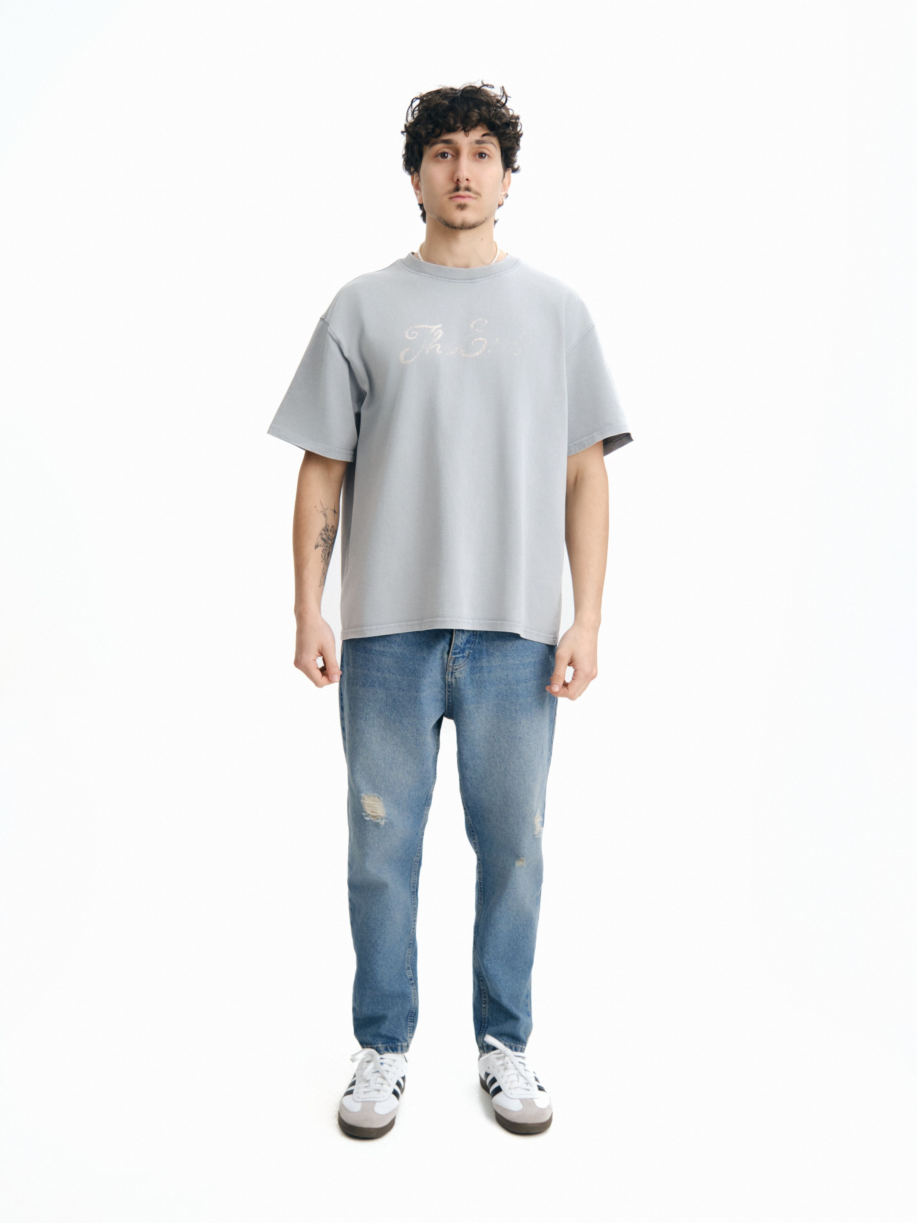 THE END Baskılı Oversize Premium Tişört - Gri