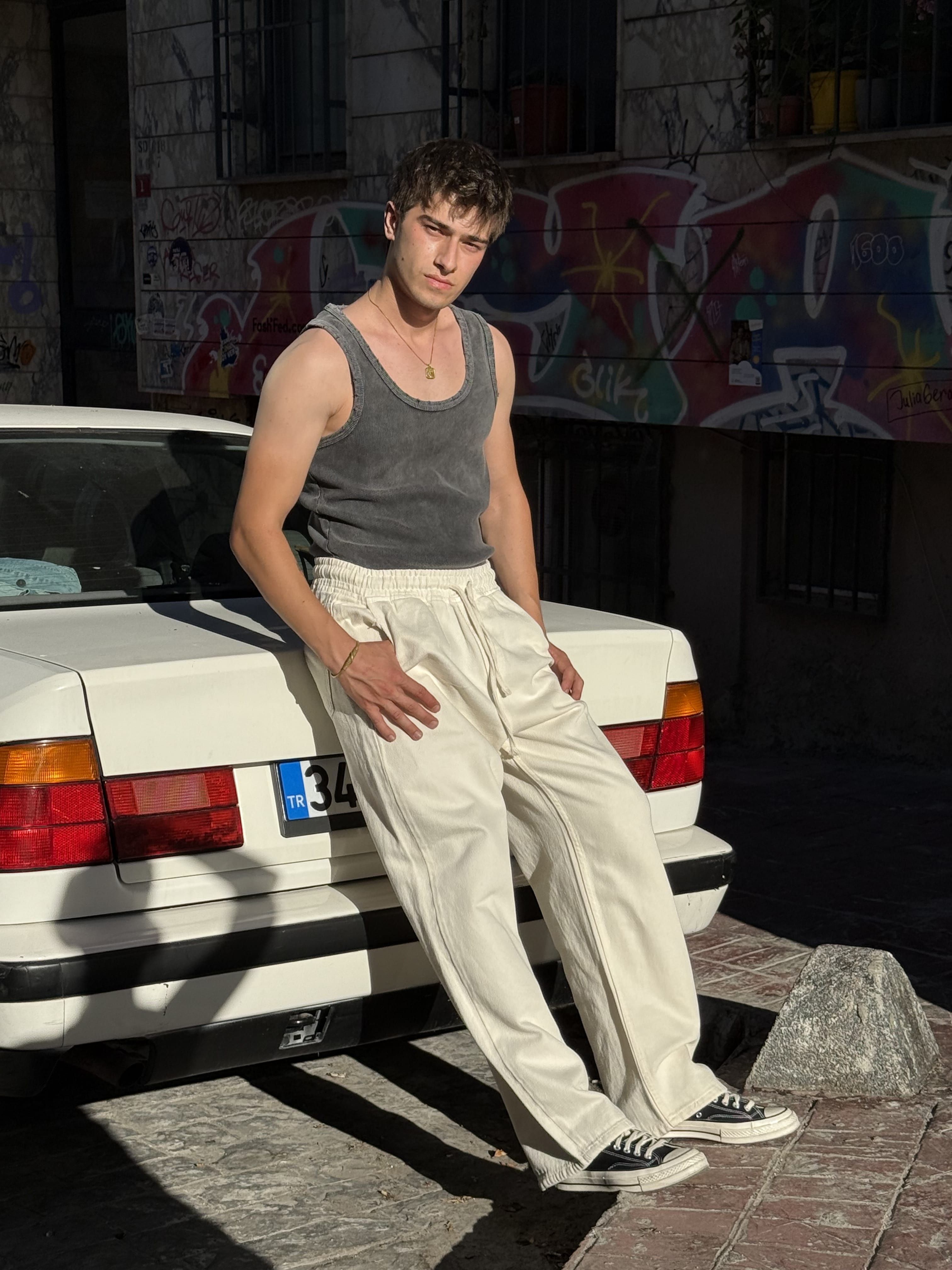 Gabardin Kumaş Baggy Pantolon - Beyaz