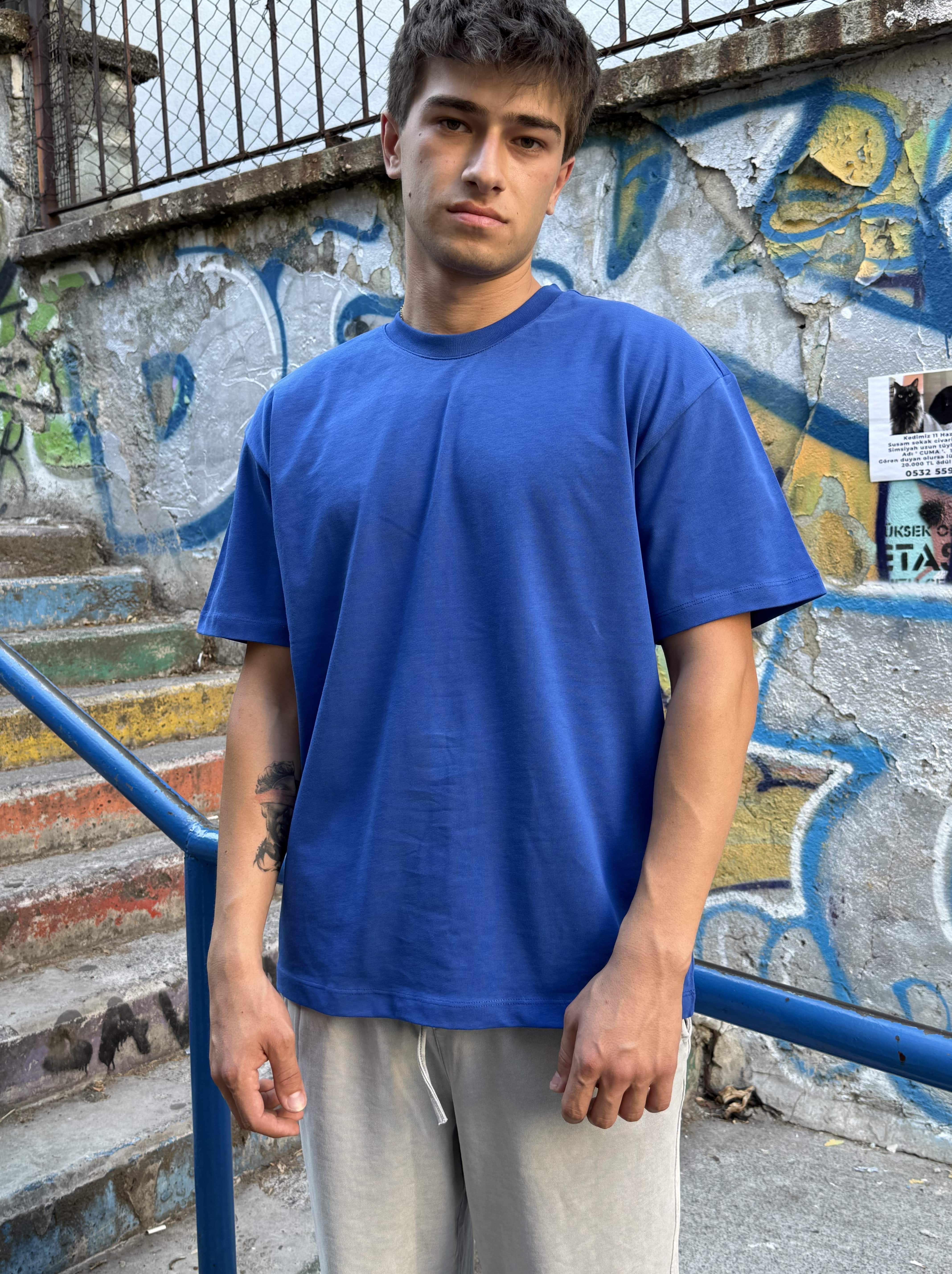 Saks Mavisi Oversize Premium Tişört