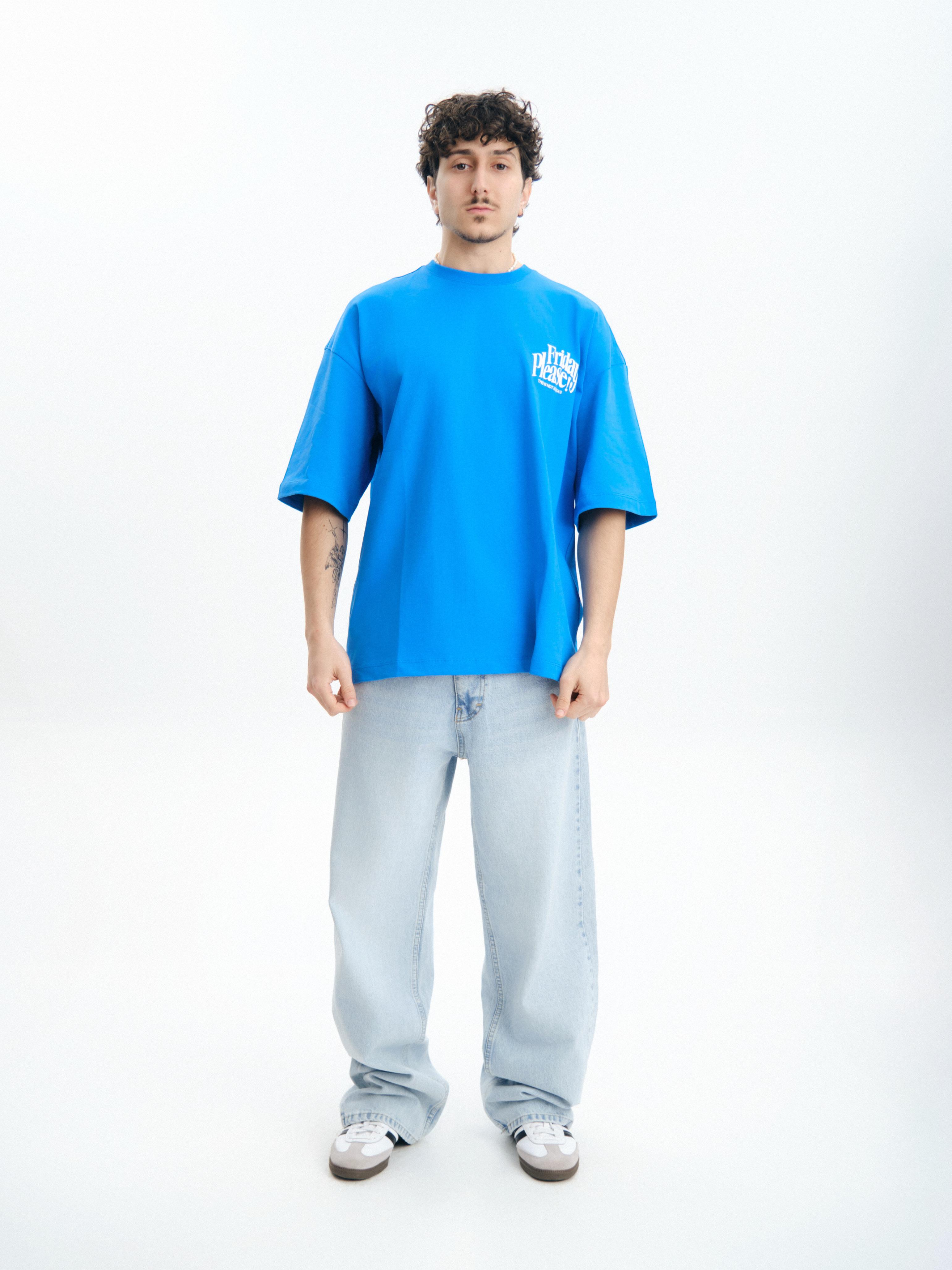 Friday Please! Baskılı Oversize Premium Mavi Tişört