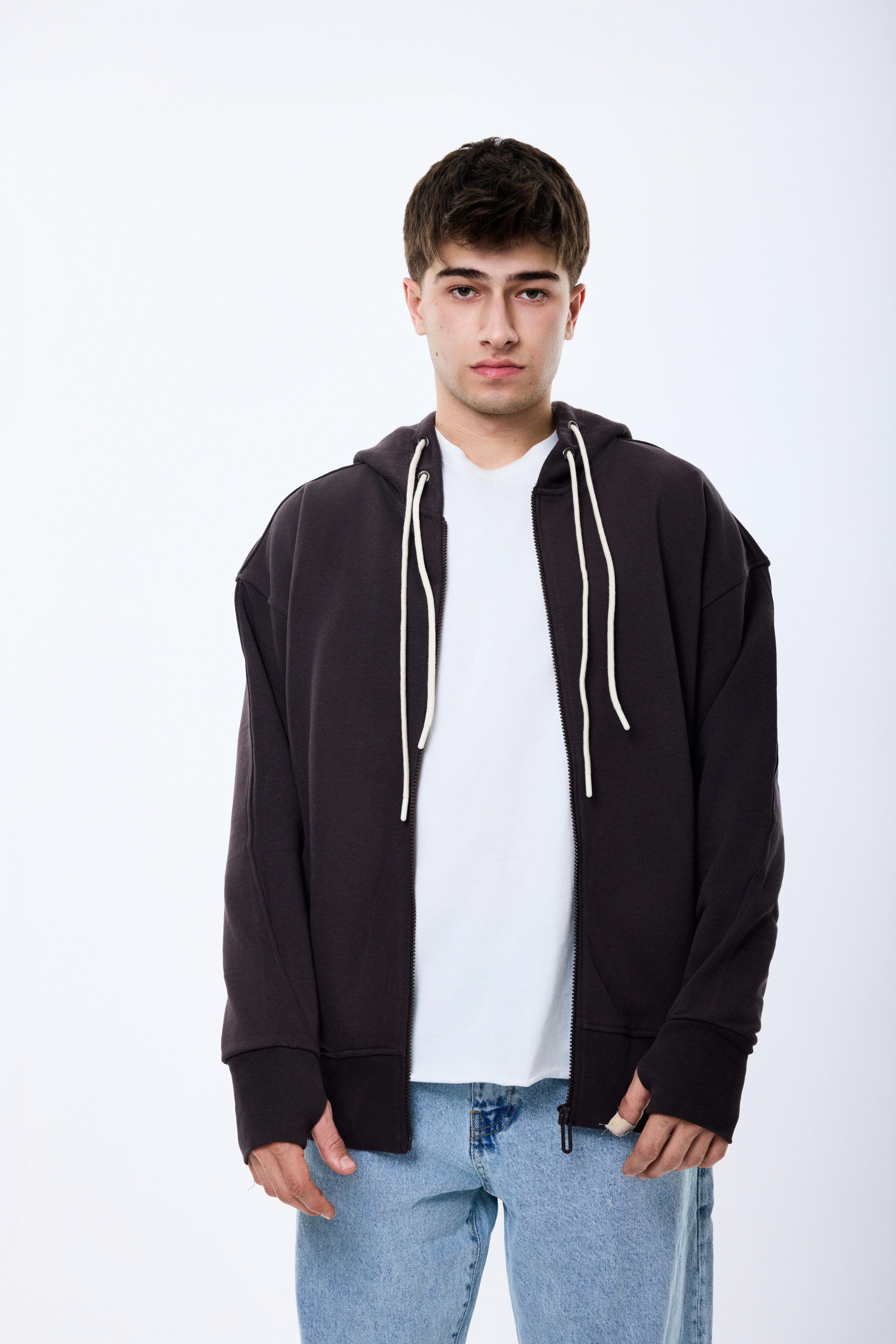 Kapüşonlu Fermuarlı Sweatshirt - Kahve