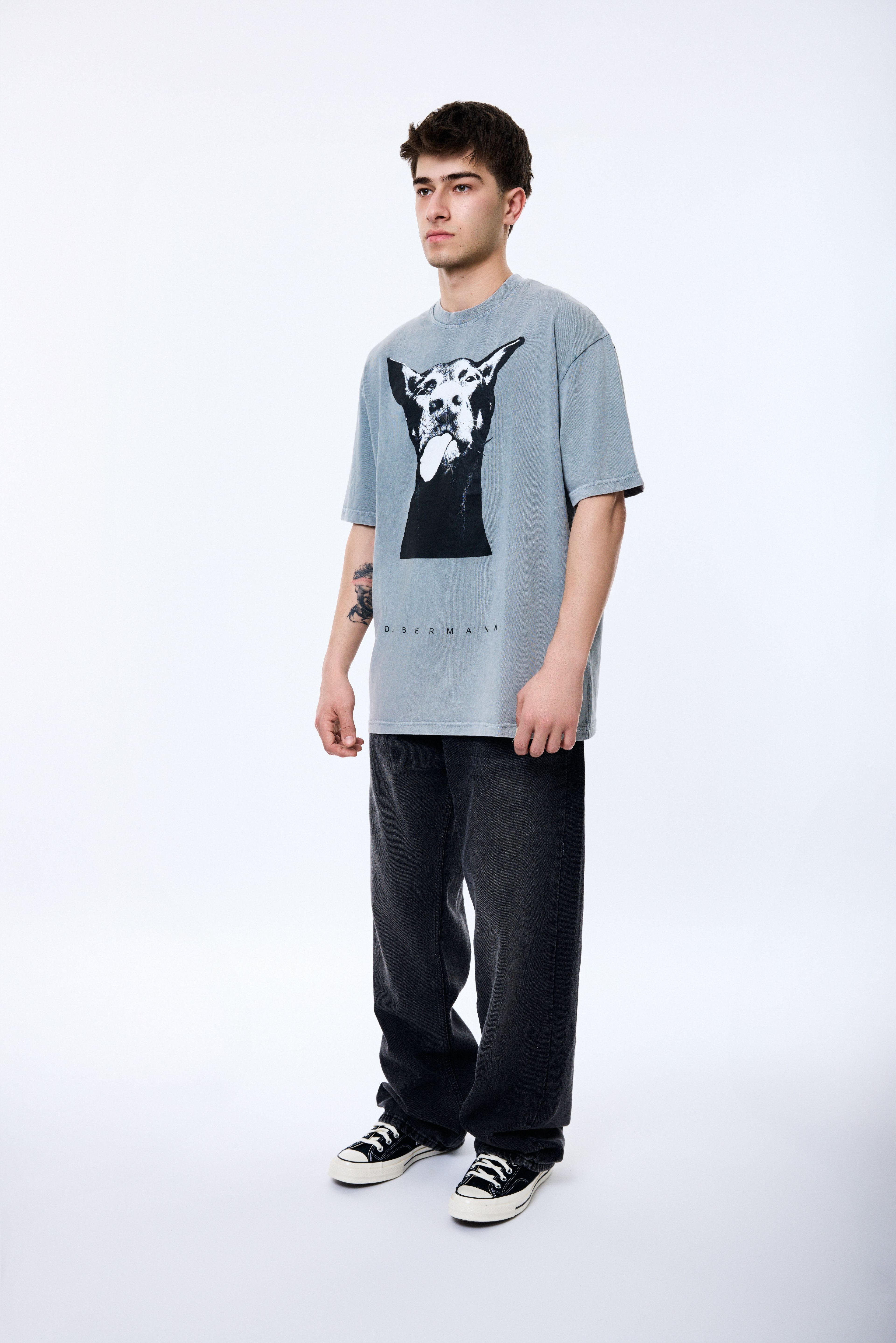 Doberman Baskılı Soldurma Desenli Premium Kumaş Oversize T-shirt