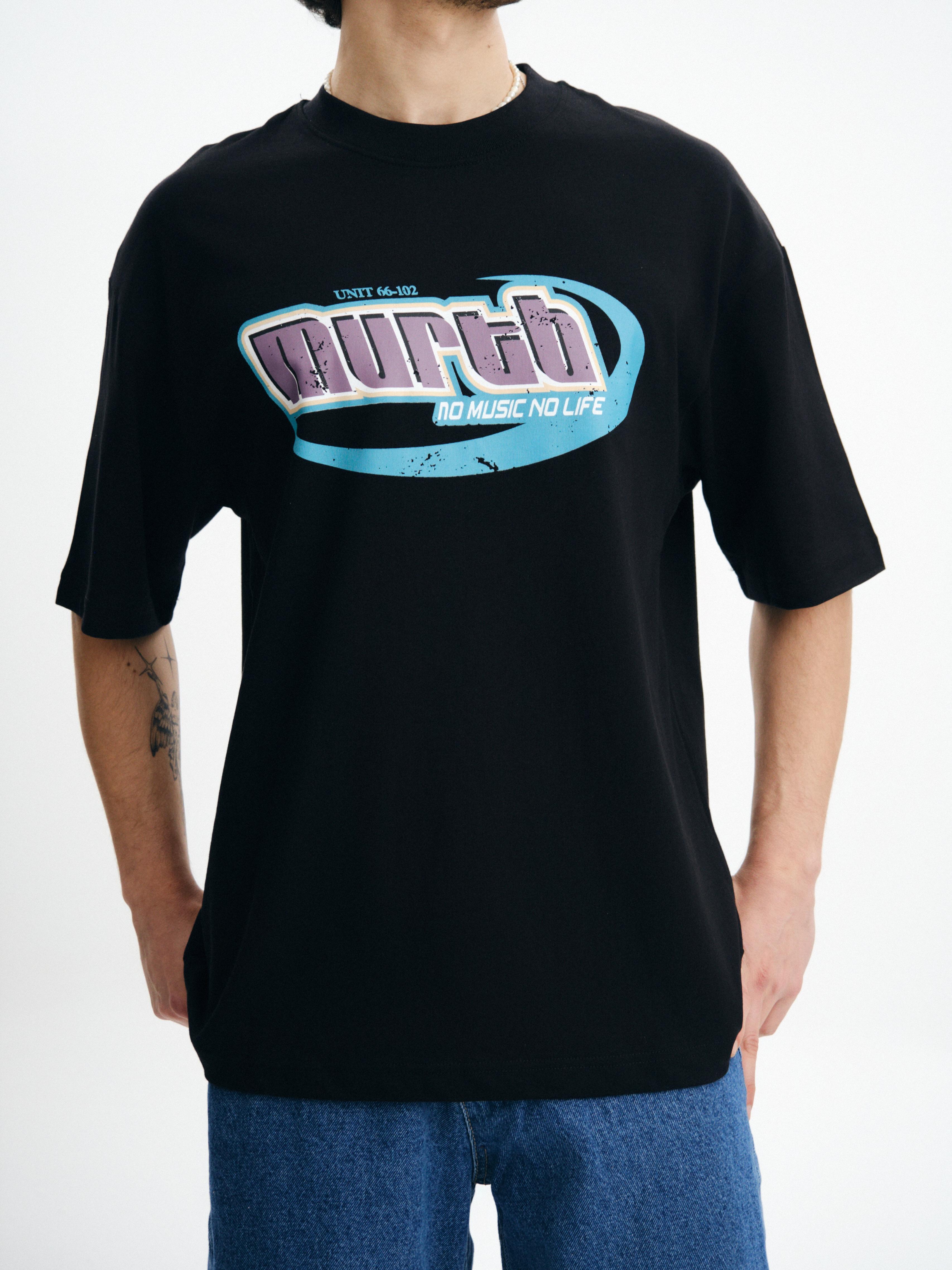 No Music No Life Baskılı Oversize Premium Tişört - Siyah