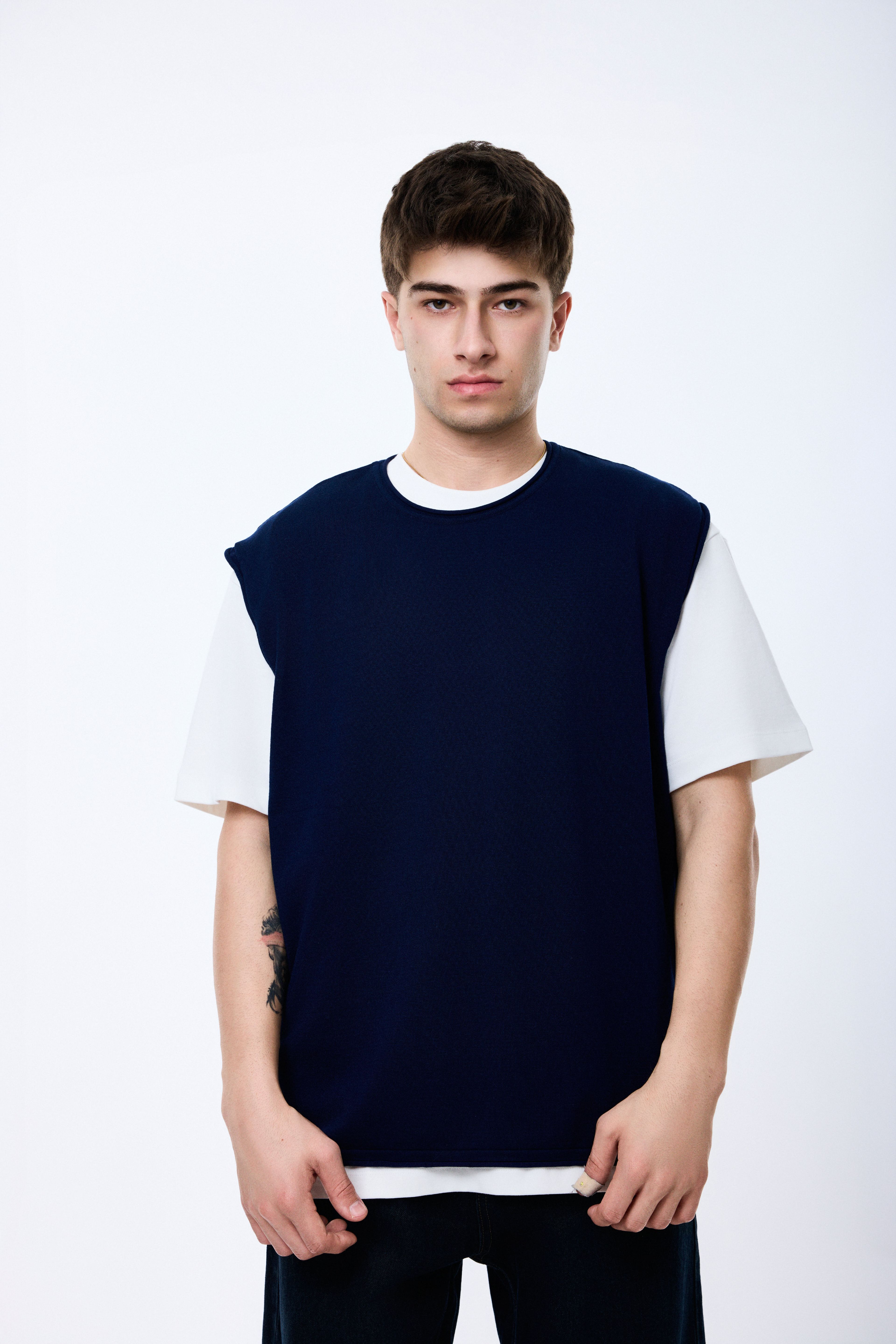Sıfır Kol Triko Oversize Tişört - Lacivert
