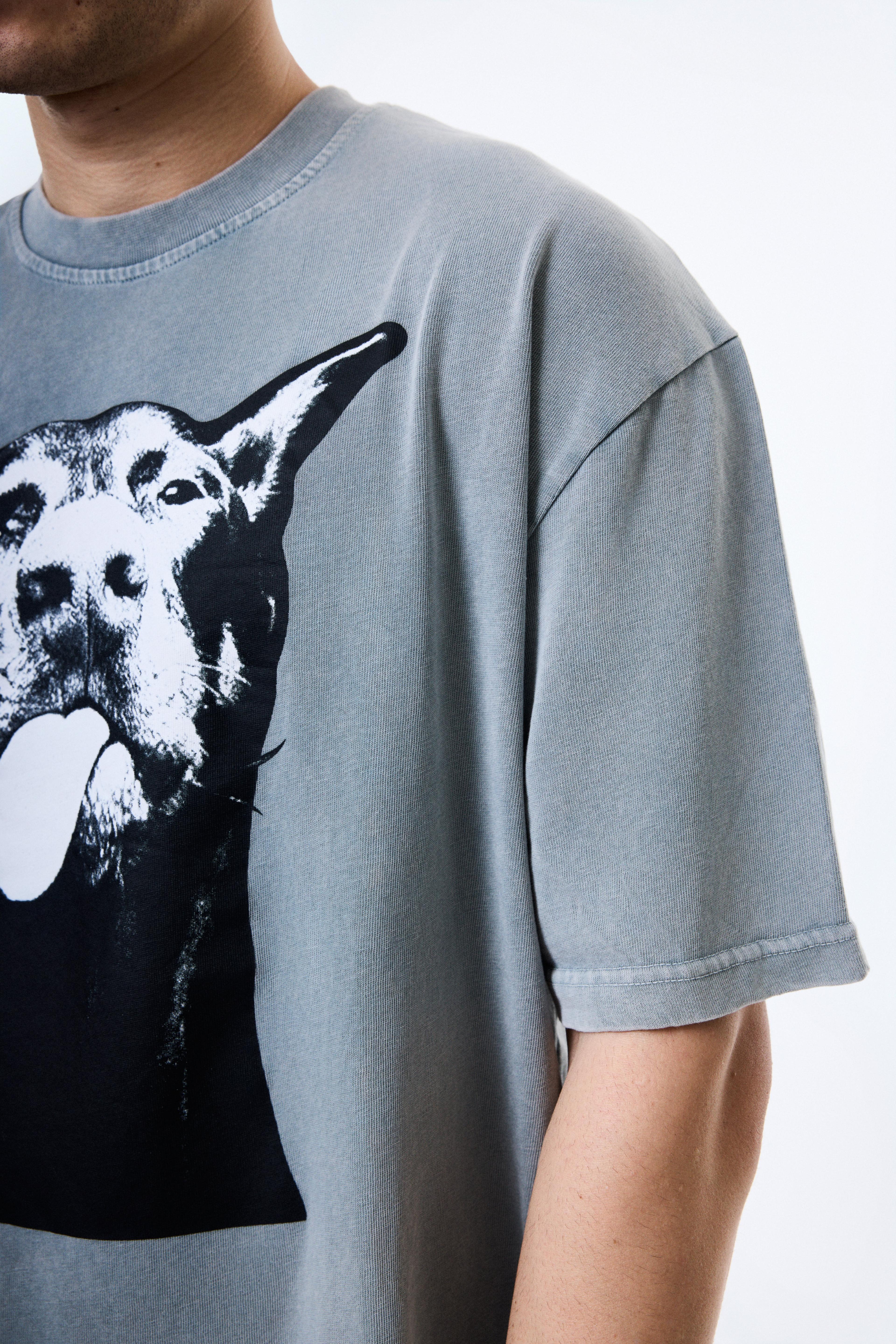 Doberman Baskılı Soldurma Desenli Premium Kumaş Oversize T-shirt