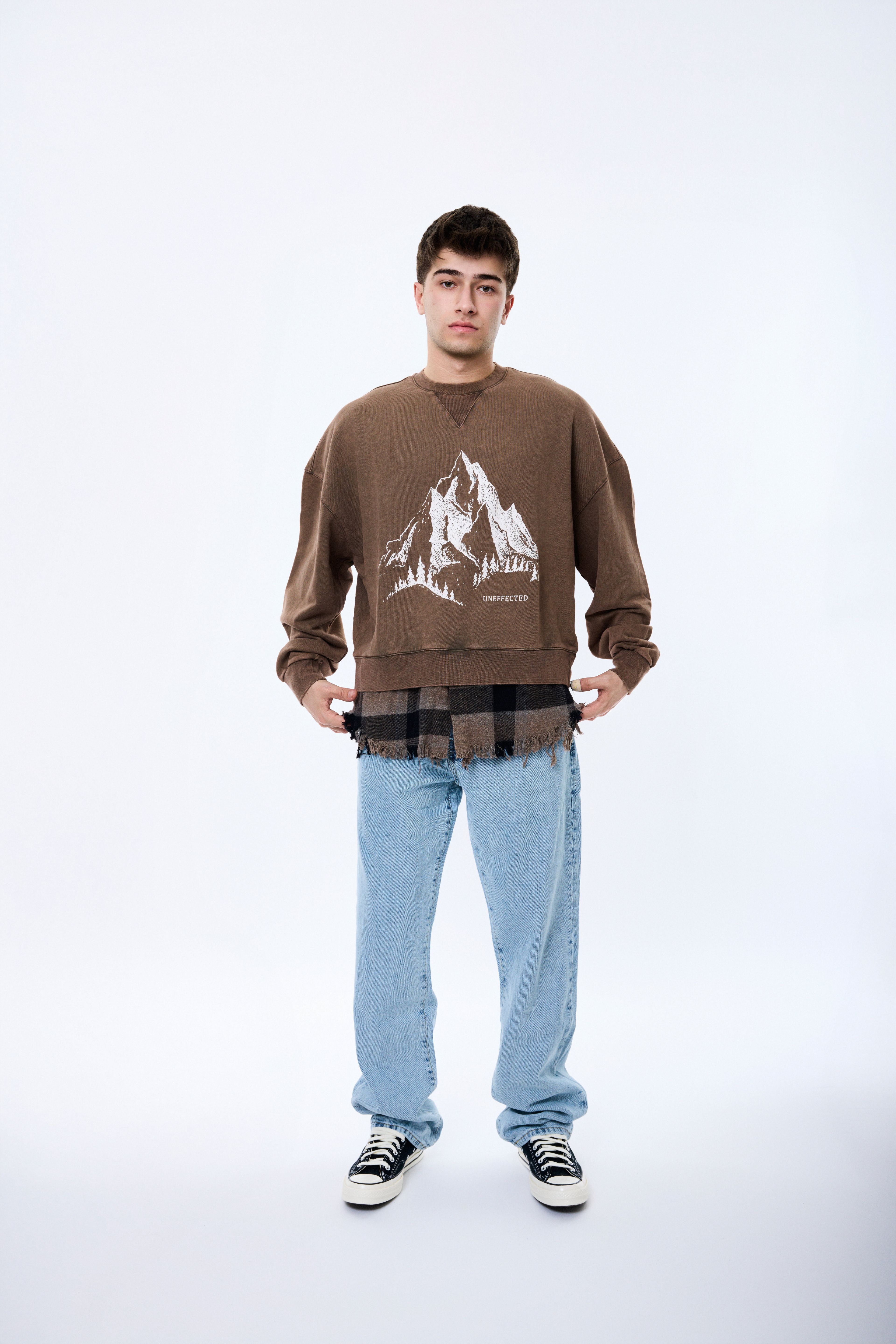 Mountain Baskılı Alttan Ekose Gömlek Detaylı Premium Oversize Sweatshirt - Kahve