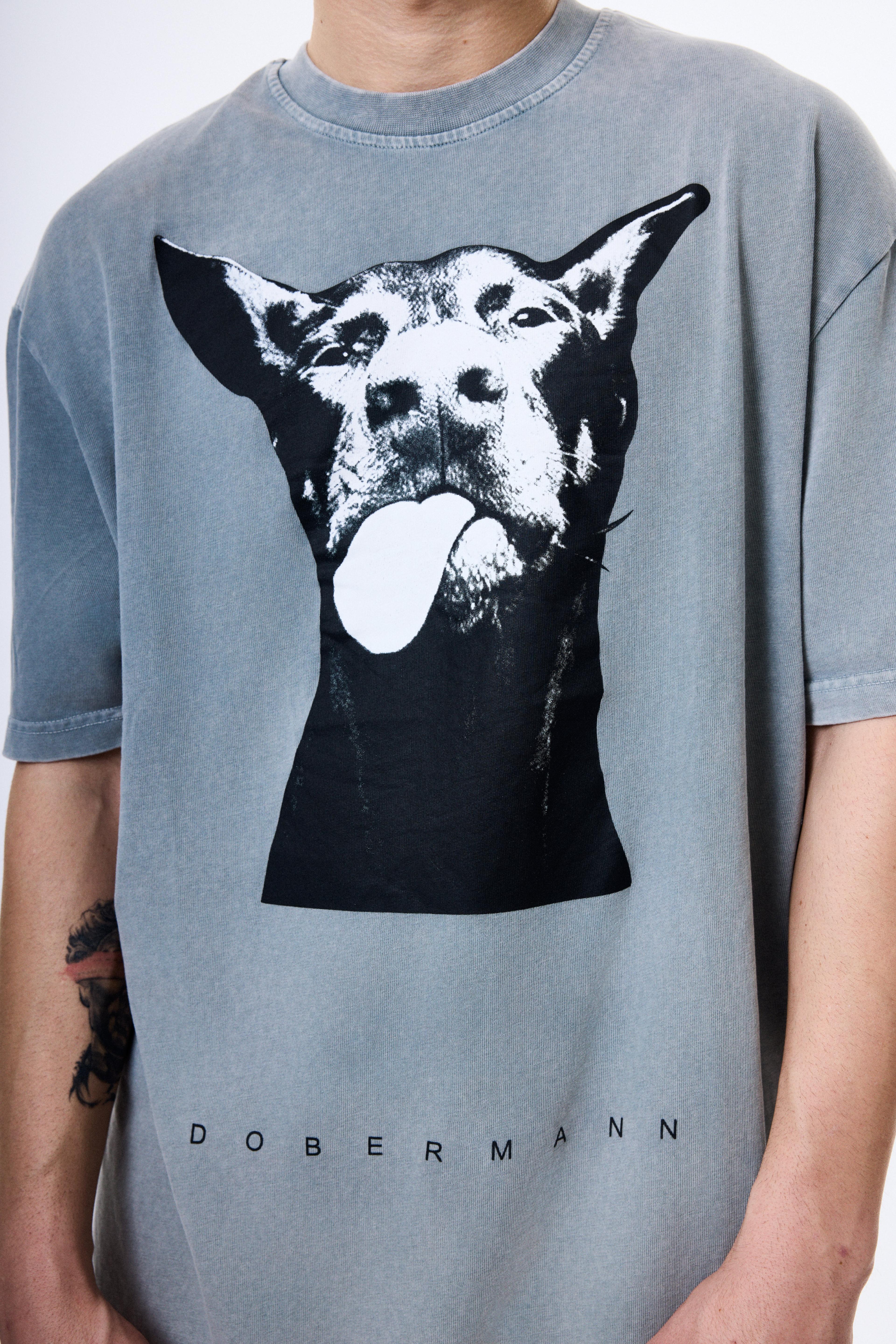 Doberman Baskılı Soldurma Desenli Premium Kumaş Oversize T-shirt
