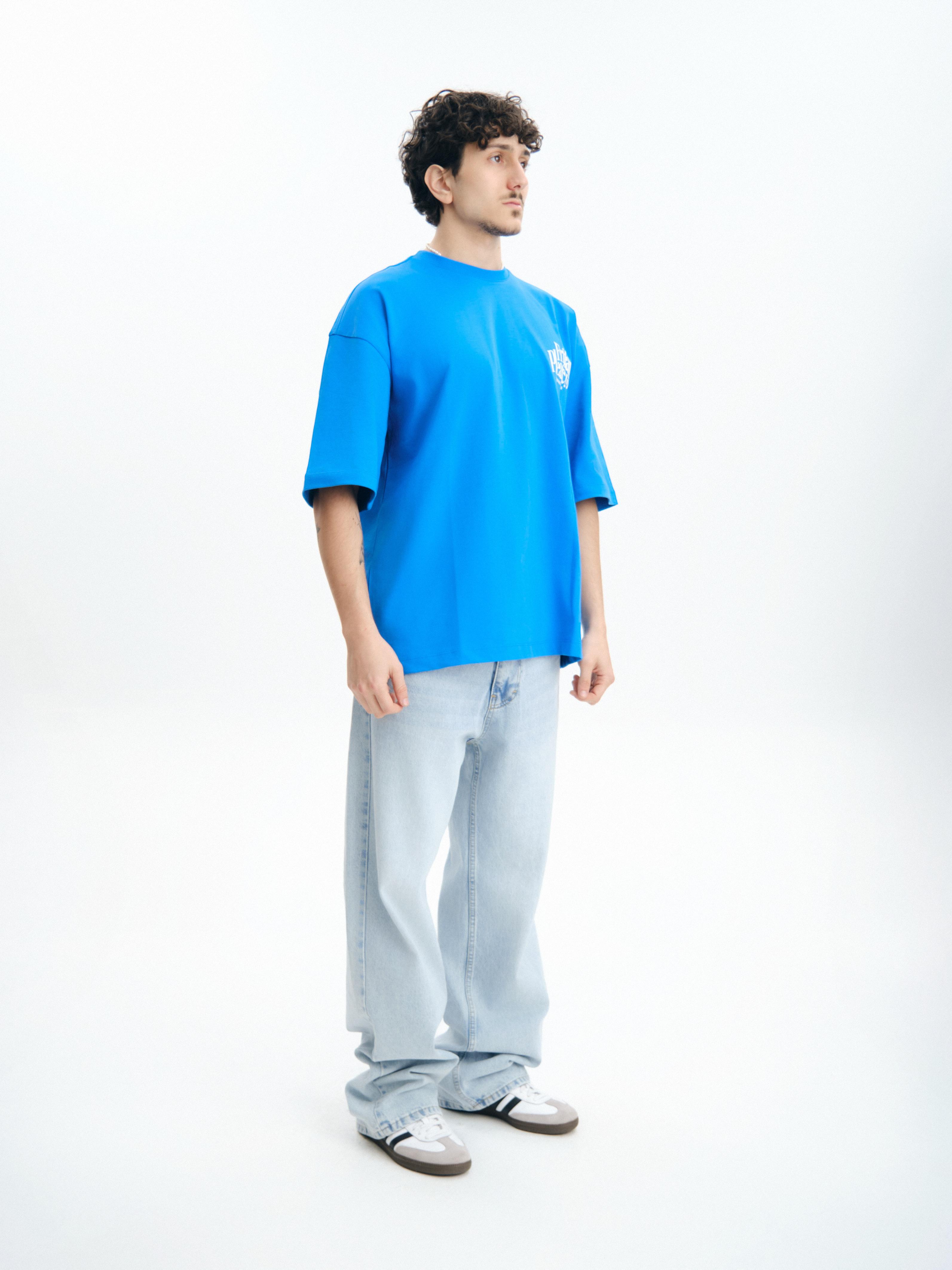Friday Please! Baskılı Oversize Premium Mavi Tişört