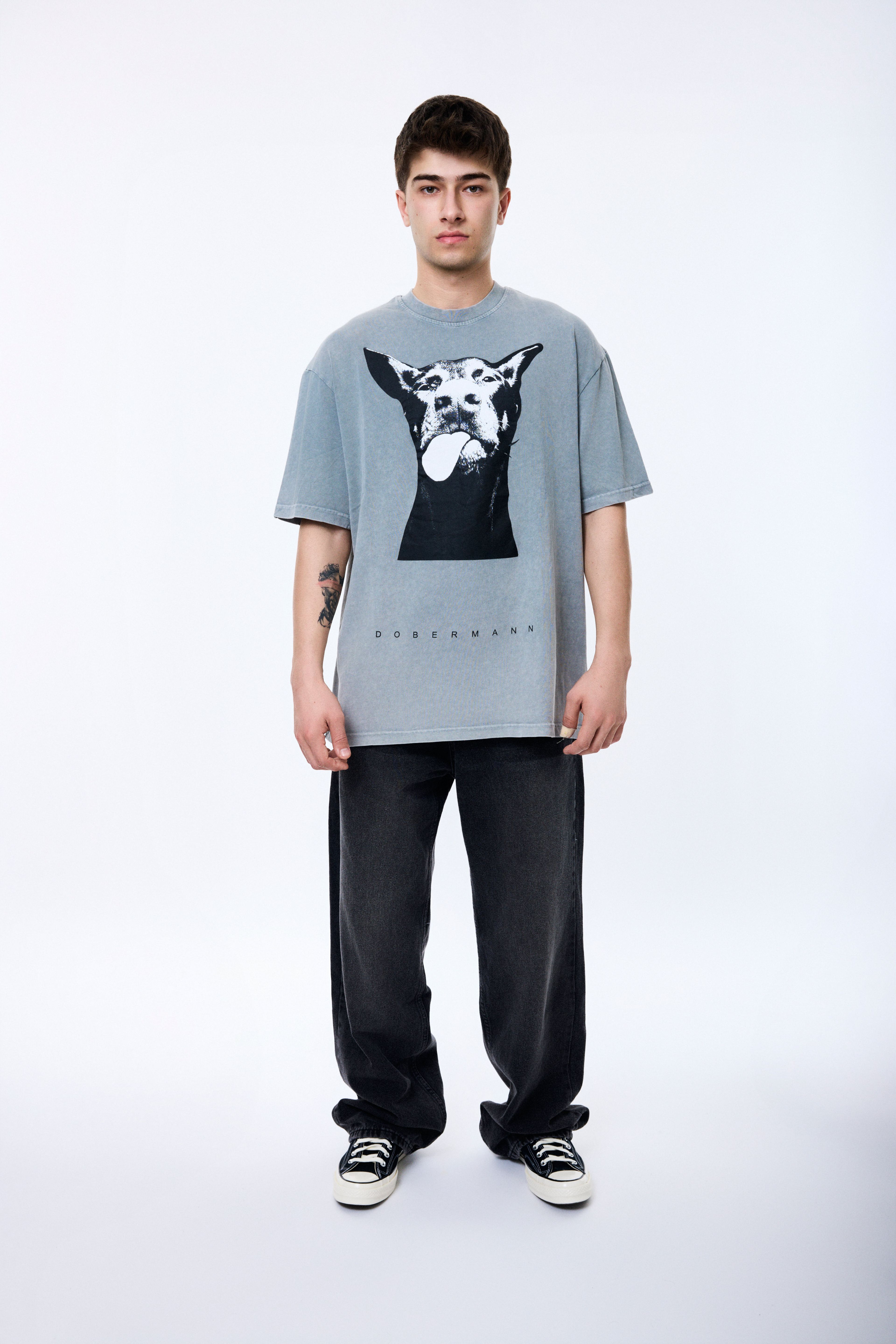 Doberman Baskılı Soldurma Desenli Premium Kumaş Oversize T-shirt