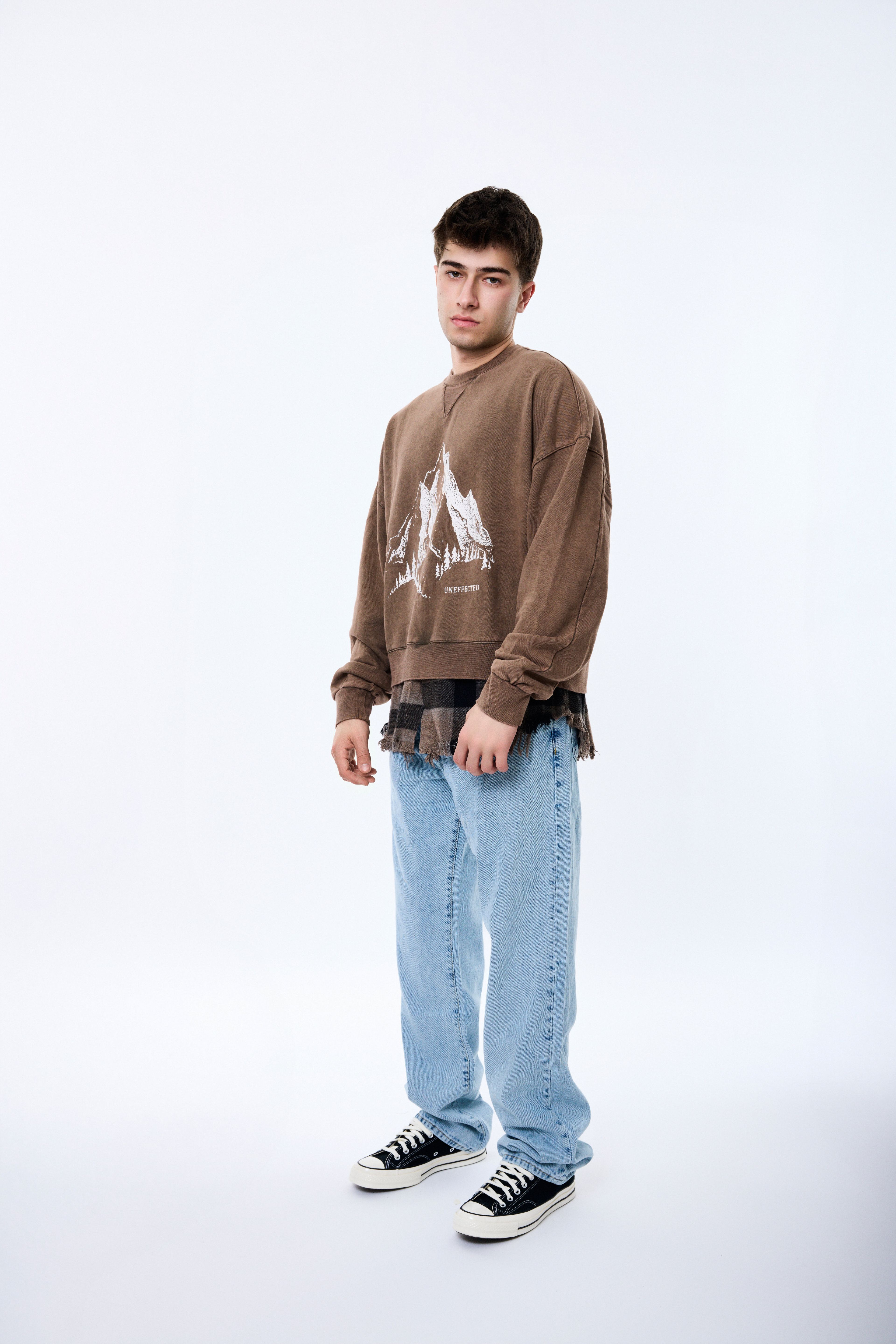 Mountain Baskılı Alttan Ekose Gömlek Detaylı Premium Oversize Sweatshirt