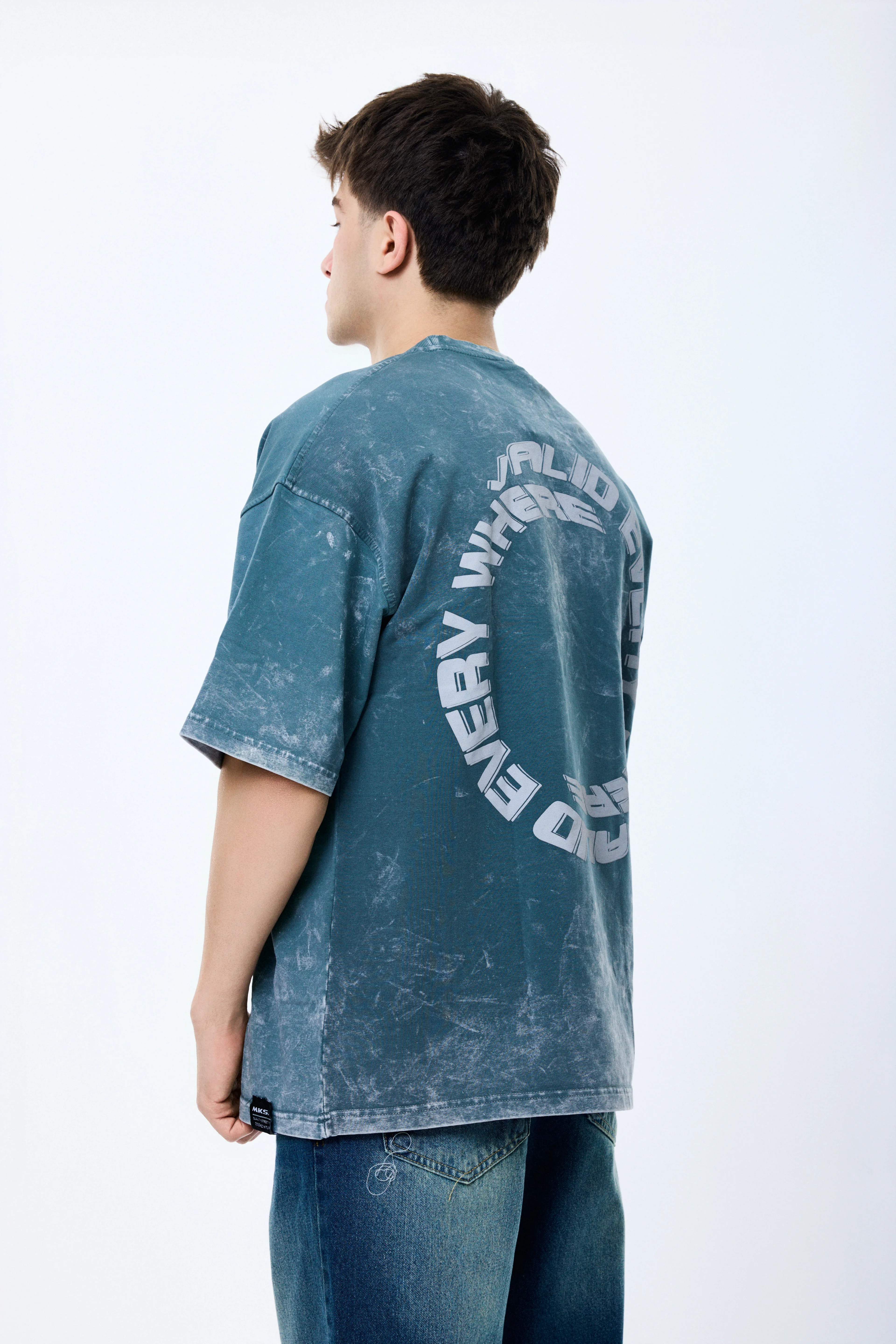 Yıkama Desenli Yazı Detaylı Oversize Premium Tişört