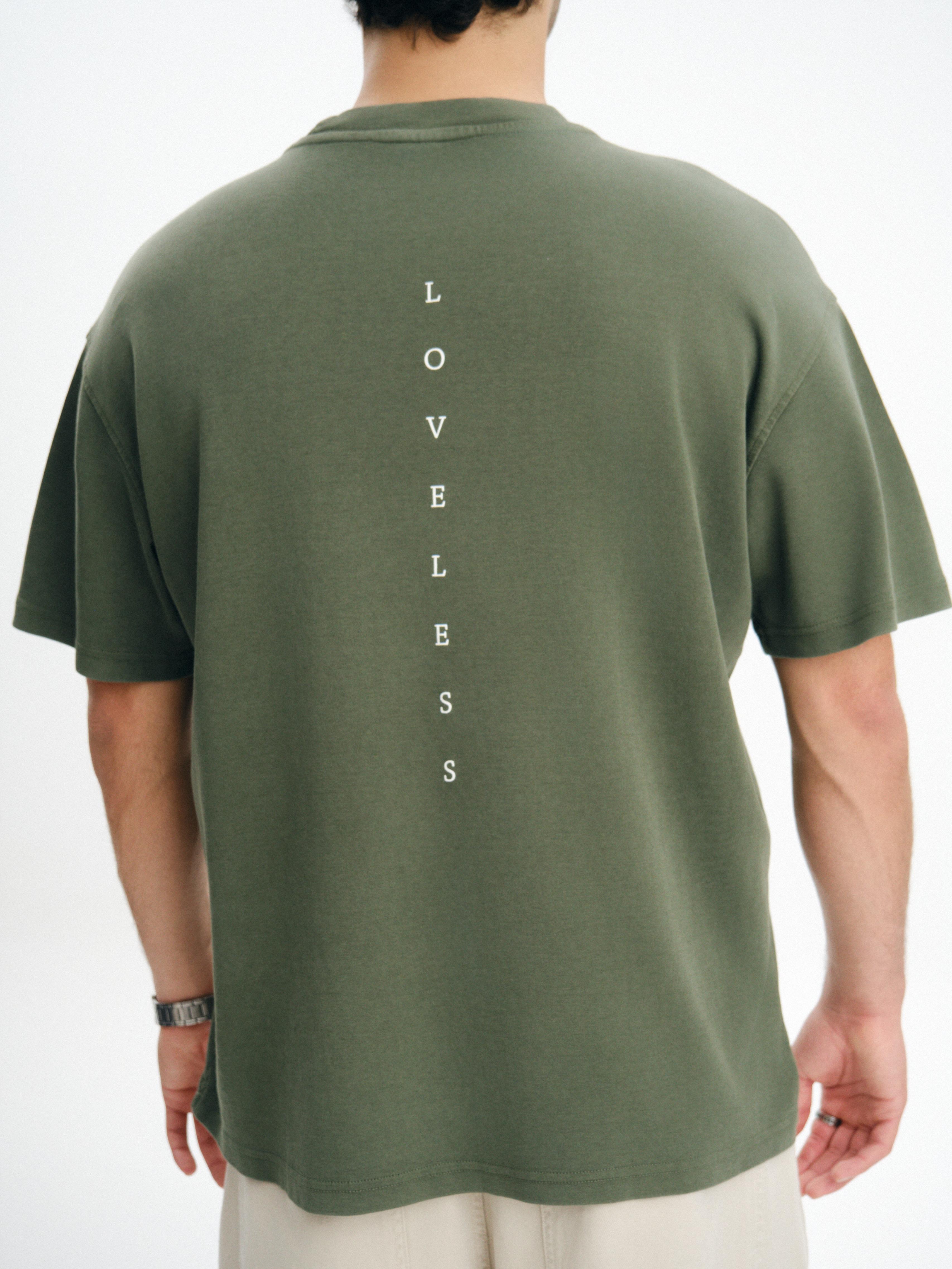 Sırt Loveless Baskılı Basic Premium Oversize Tişört - Haki Yeşil
