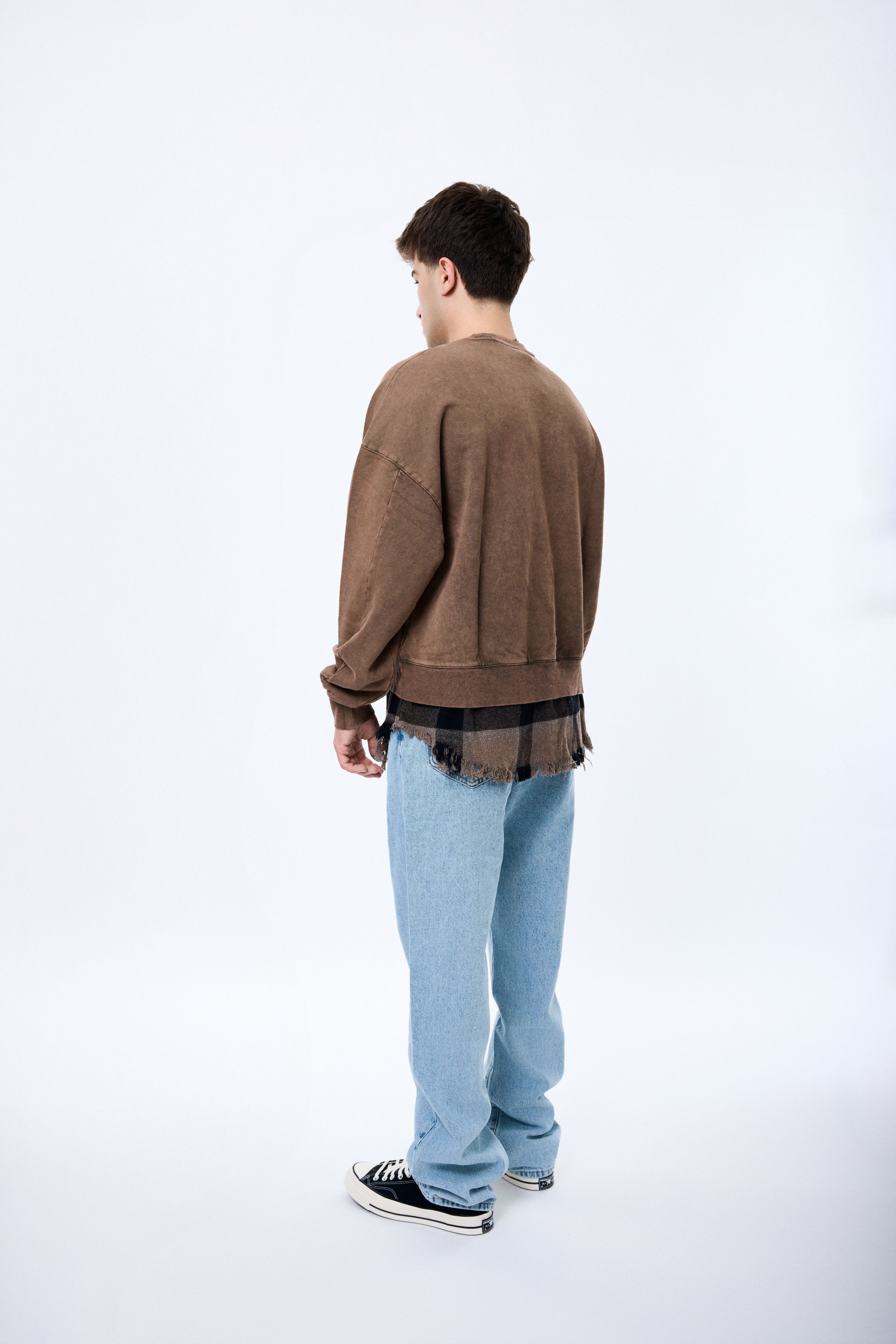 Mountain Baskılı Alttan Ekose Gömlek Detaylı Premium Oversize Sweatshirt