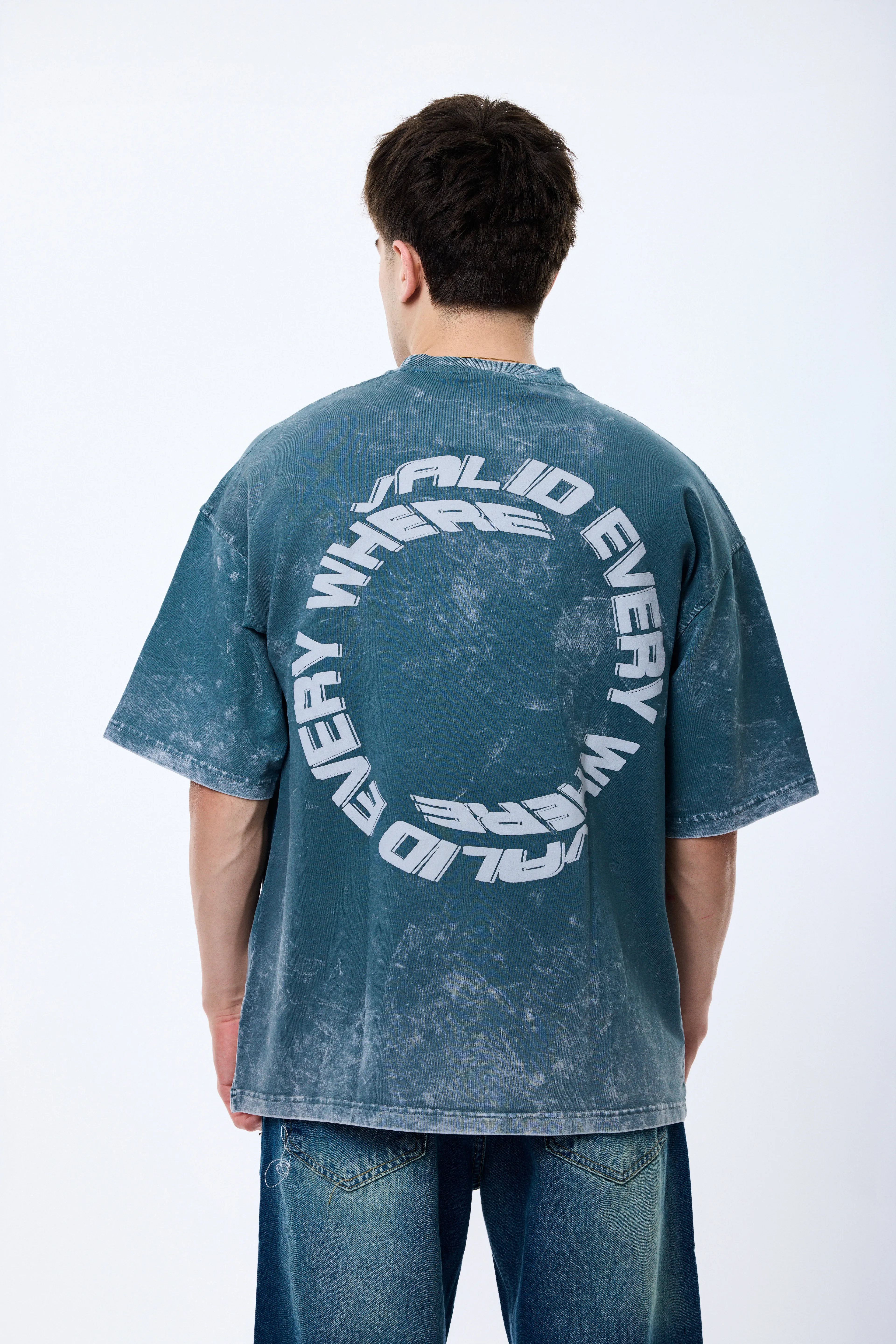 Yıkama Desenli Yazı Detaylı Oversize Premium Tişört