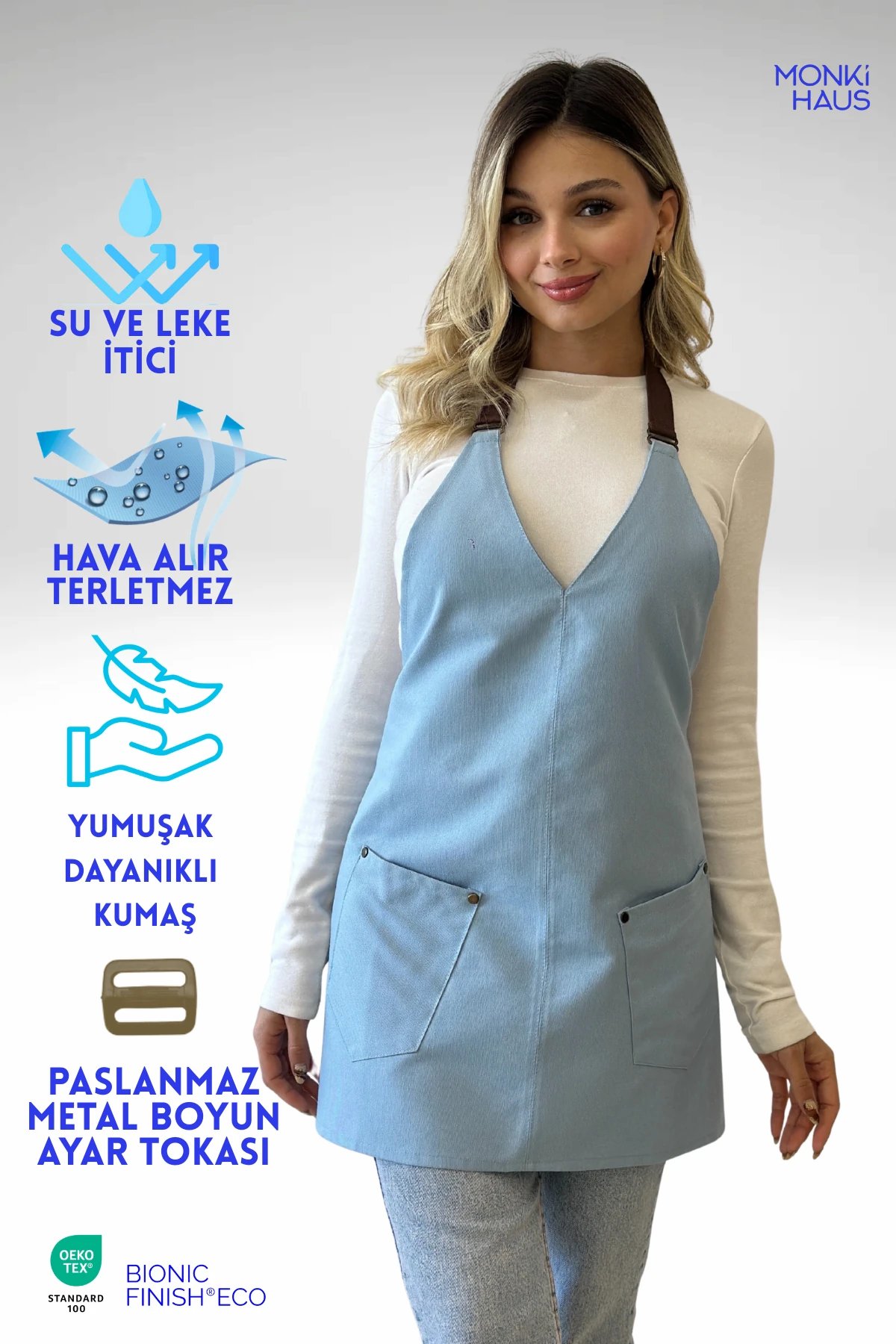 Su İtici Leke Tutmaz Kafe Barista Seramik Pasta Aşçı Garson Çiçekçi Restoran Cafe Apron Kadın Önlük - turkuaz