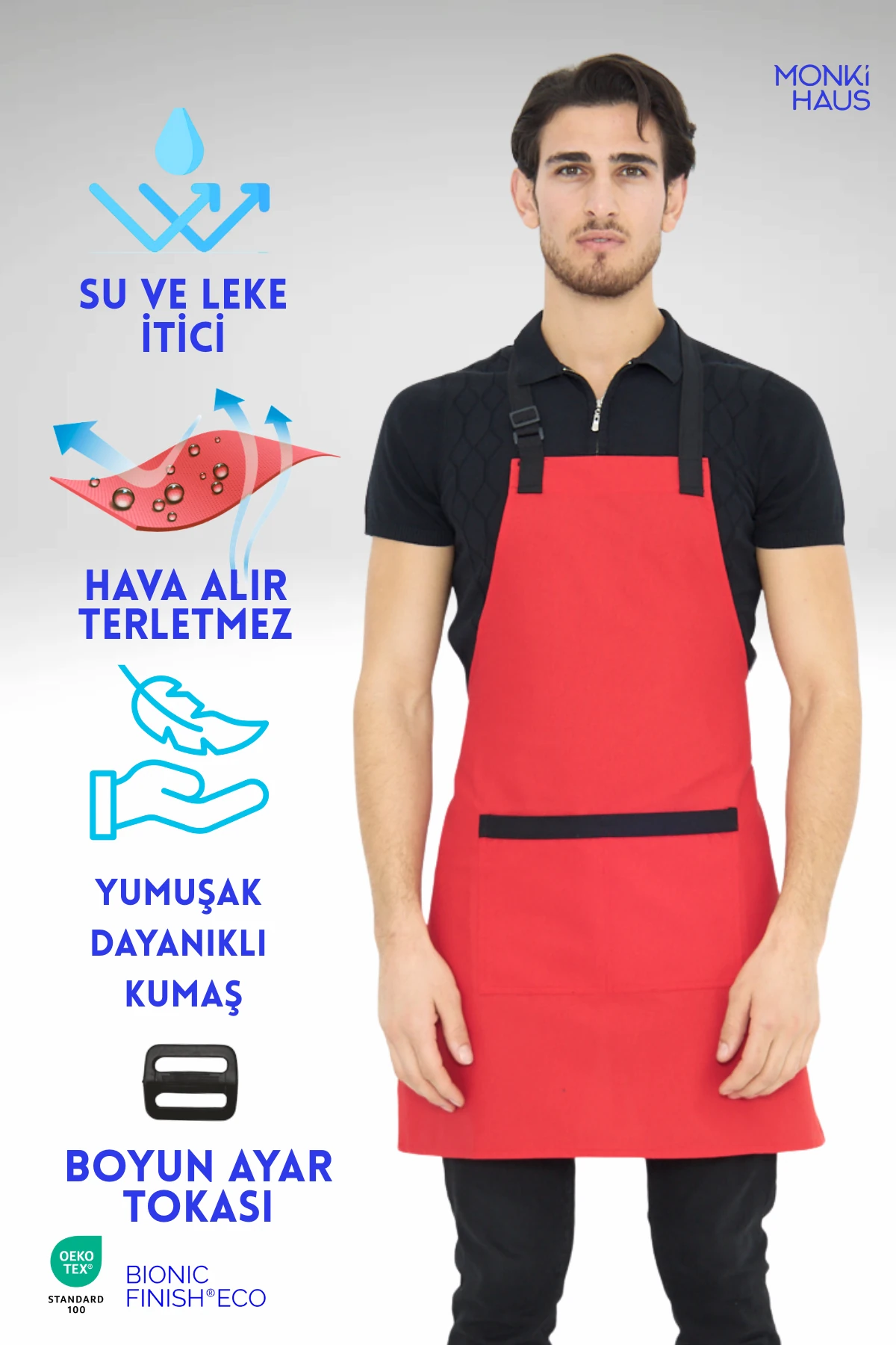 Su İtici Leke Tutmaz Kafe Barista Seramik Pasta Aşçı Garson Çiçekçi Restoran Cafe Apron Erkek Önlük - kırmızı