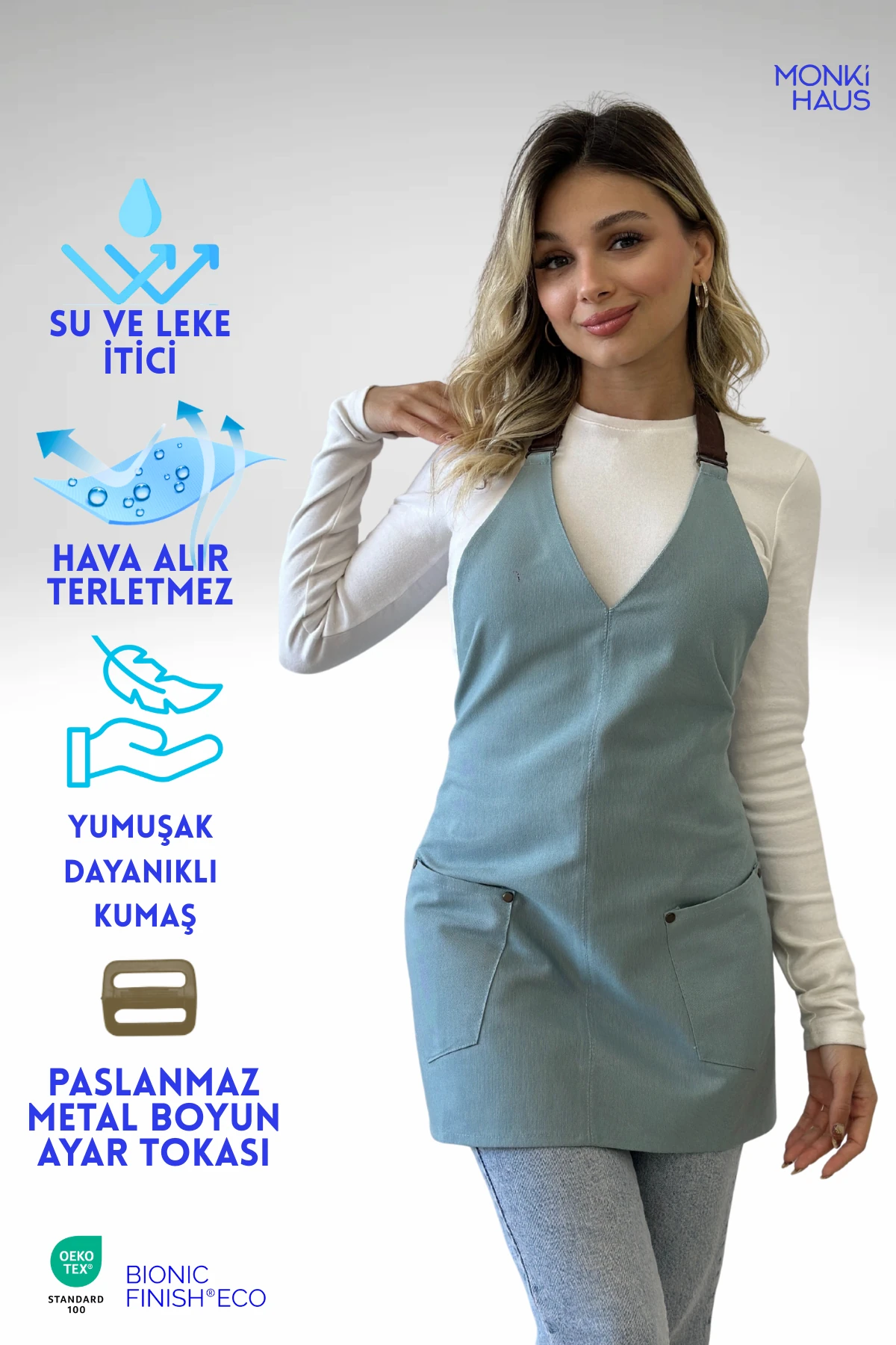 Su İtici Leke Tutmaz Kafe Barista Seramik Pasta Aşçı Garson Çiçekçi Restoran Cafe Apron Kadın Önlük - mavi