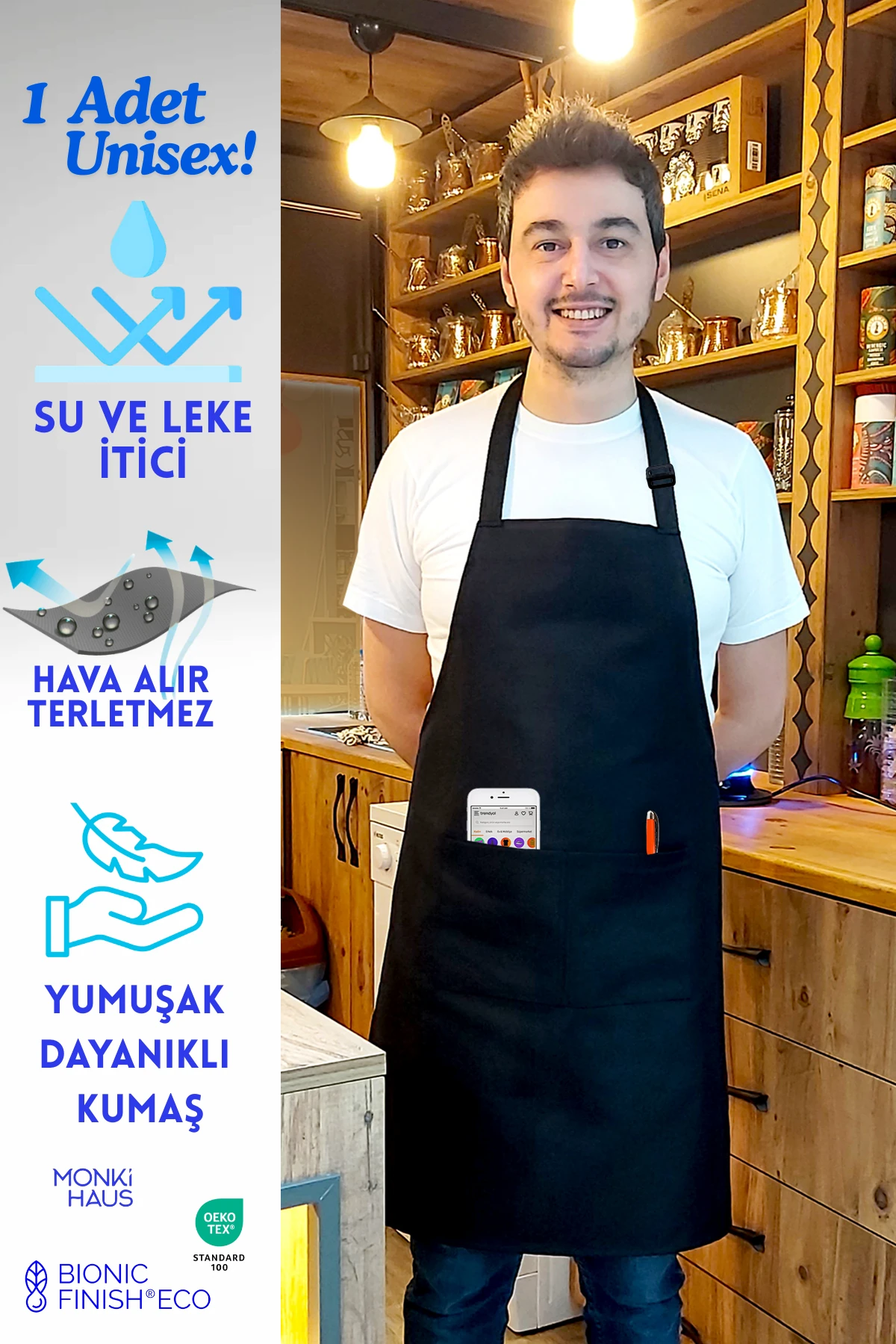 Cafe, Barista, Kuaför, Barmen, Çiçekçi, Mutfak Önlükleri, Leke Tutmaz, Bej - siyah