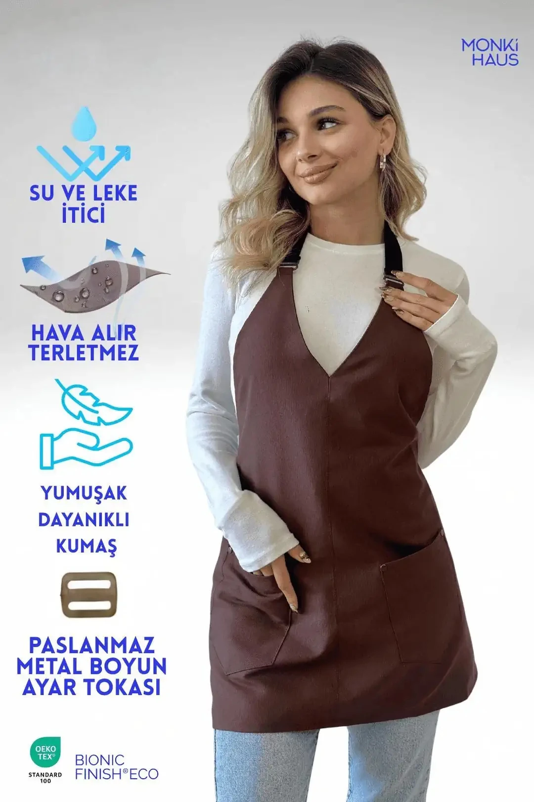 Su İtici Leke Tutmaz Kafe Barista Seramik Pasta Aşçı Garson Çiçekçi Restoran Cafe Apron Kadın Önlük - kahverengi