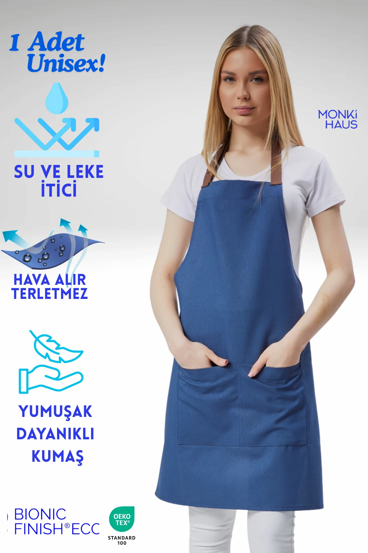 Cafe, Barista, Kuaför, Barmen, Çiçekçi, Mutfak Önlükleri, Leke Tutmaz, Bej - mavi