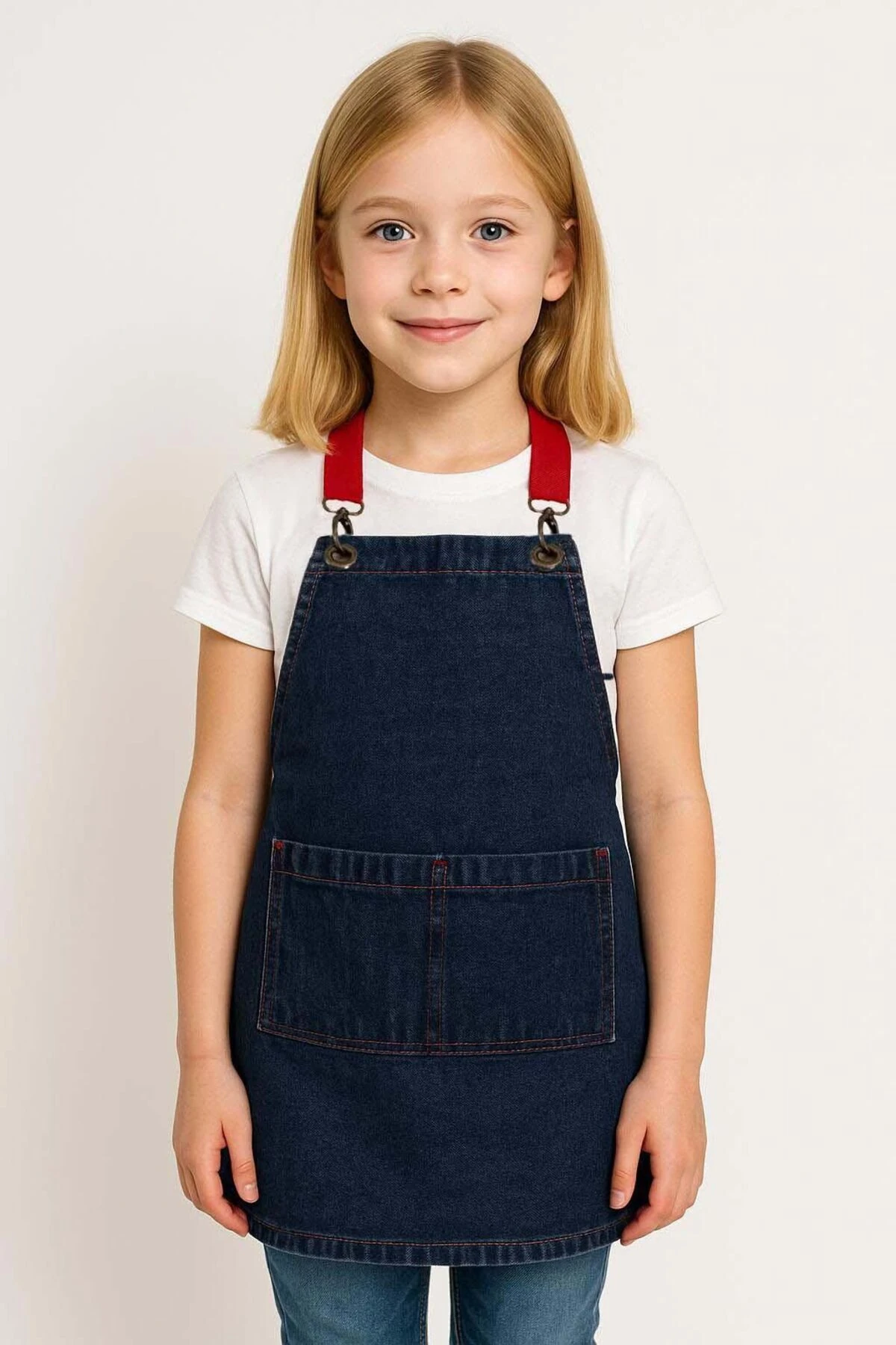 Denim Kot Çocuk Önlük Mutfak Boyama Hobi Okul Aktivite Önlüğü Kız ve Erkek çocuk - kırmızı