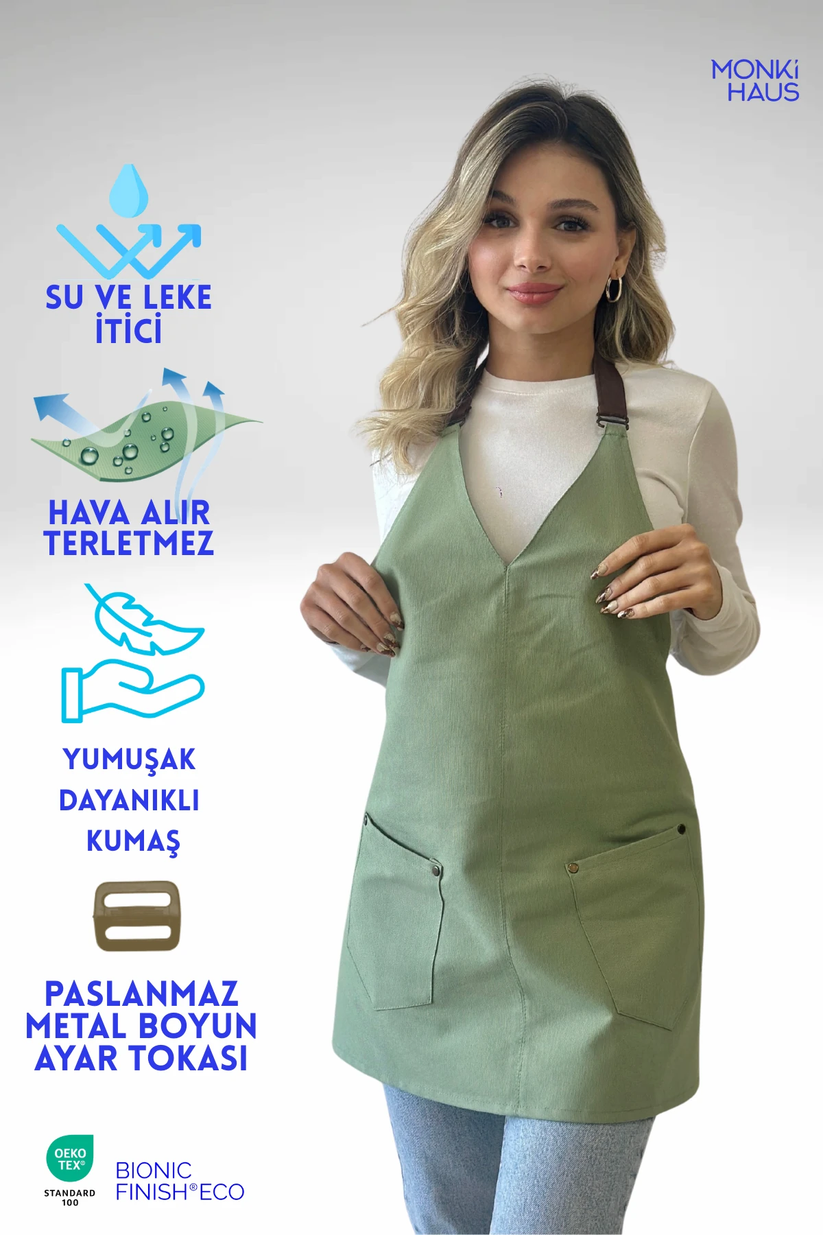 Su İtici Leke Tutmaz Kafe Barista Seramik Pasta Aşçı Garson Çiçekçi Restoran Cafe Apron Kadın Önlük - açık yeşil