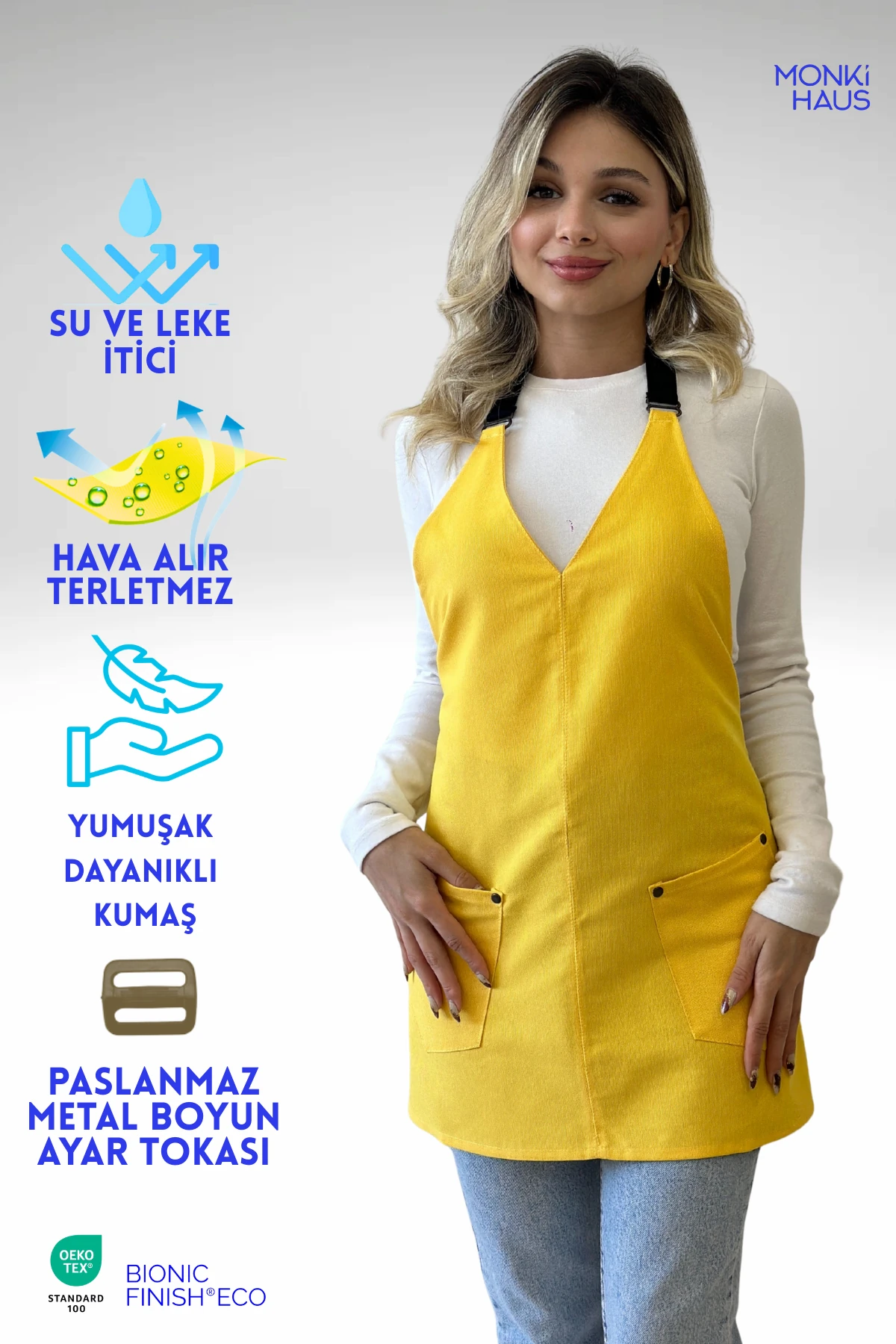 Su İtici Leke Tutmaz Kafe Barista Seramik Pasta Aşçı Garson Çiçekçi Restoran Cafe Apron Kadın Önlük - sarı