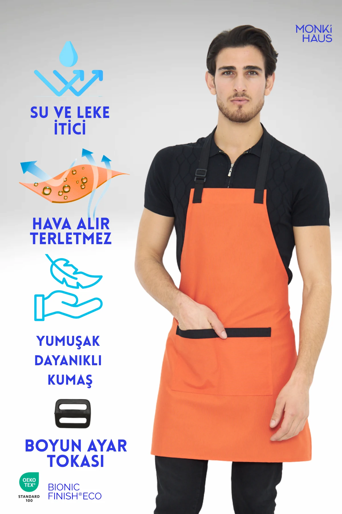 Su İtici Leke Tutmaz Kafe Barista Seramik Pasta Aşçı Garson Çiçekçi Restoran Cafe Apron Erkek Önlük - turuncu