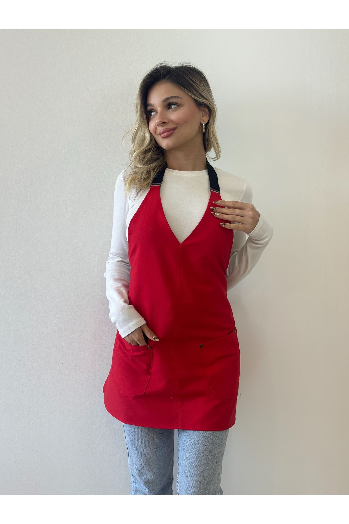 Su İtici Leke Tutmaz Kafe Barista Seramik Pasta Aşçı Garson Çiçekçi Restoran Cafe Apron Kadın Önlük - kırmızı