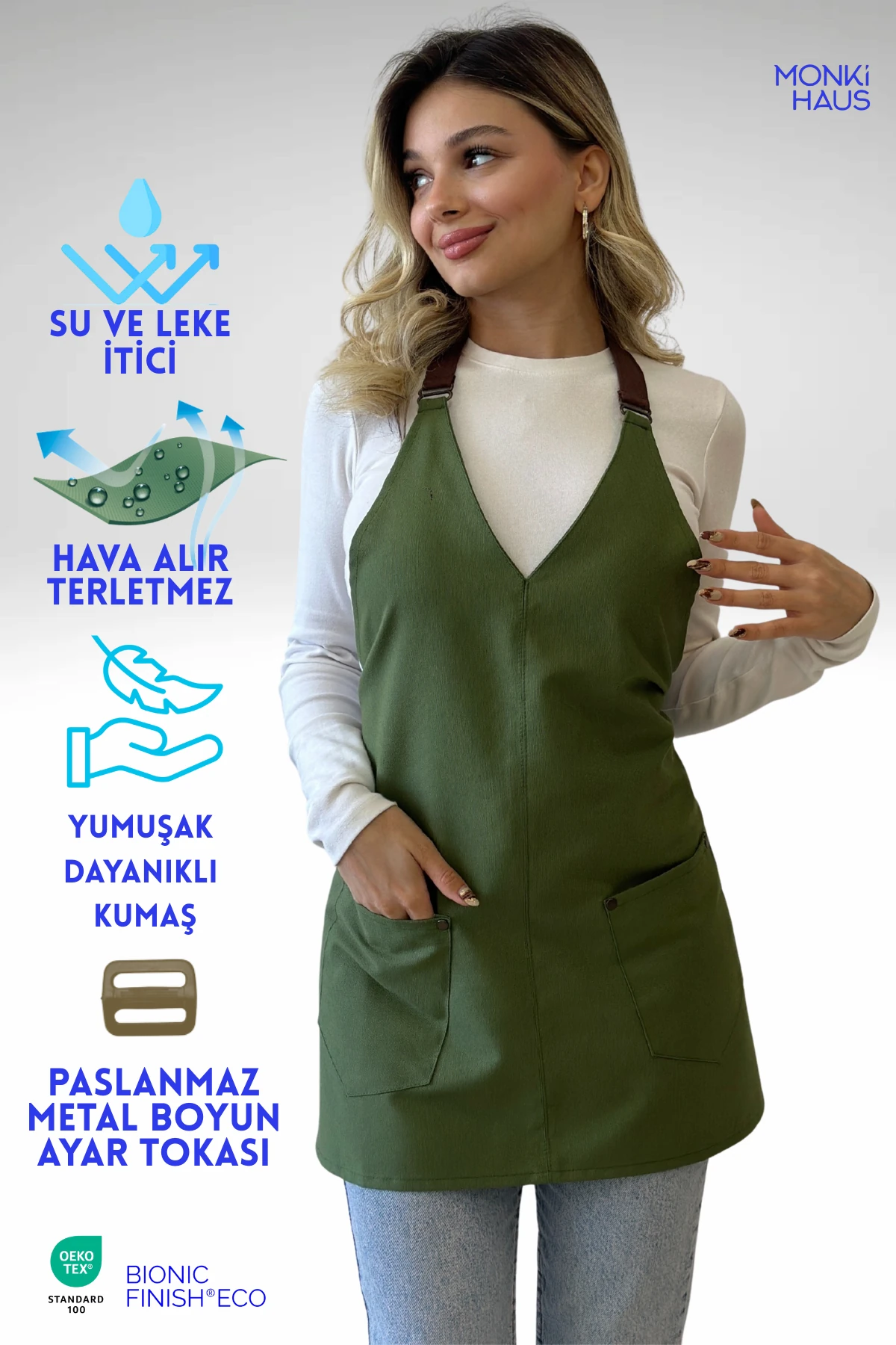 Su İtici Leke Tutmaz Kafe Barista Seramik Pasta Aşçı Garson Çiçekçi Restoran Cafe Apron Kadın Önlük - yeşil