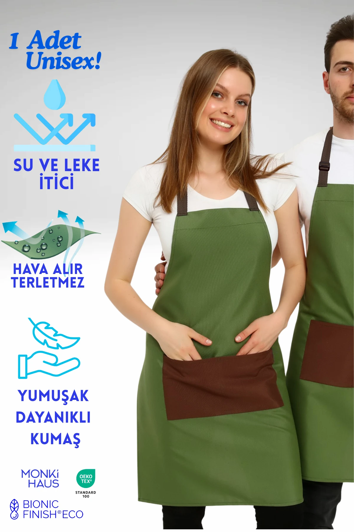 Cafe, Barista, Kuaför, Barmen, Çiçekçi, Mutfak Önlükleri, Leke Tutmaz, Bej - yeşil önlük kahve rengi cep