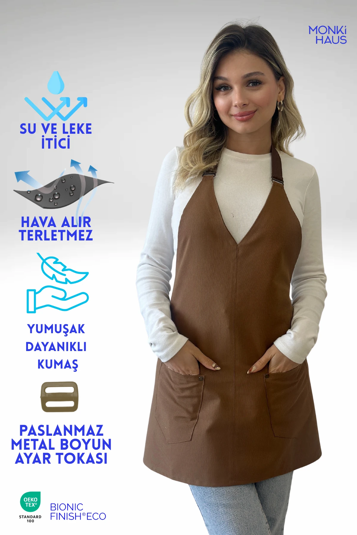 Su İtici Leke Tutmaz Kafe Barista Seramik Pasta Aşçı Garson Çiçekçi Restoran Cafe Apron Kadın Önlük - açık kahverengi