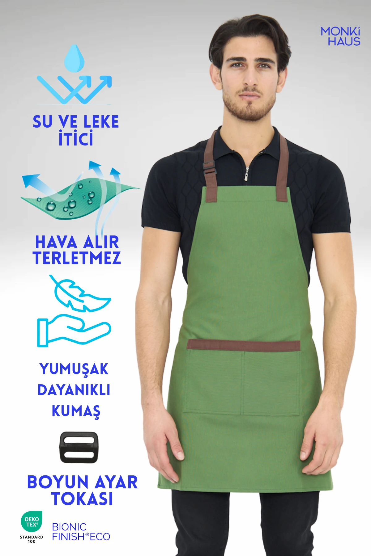 Su İtici Leke Tutmaz Kafe Barista Seramik Pasta Aşçı Garson Çiçekçi Restoran Cafe Apron Erkek Önlük - yeşil