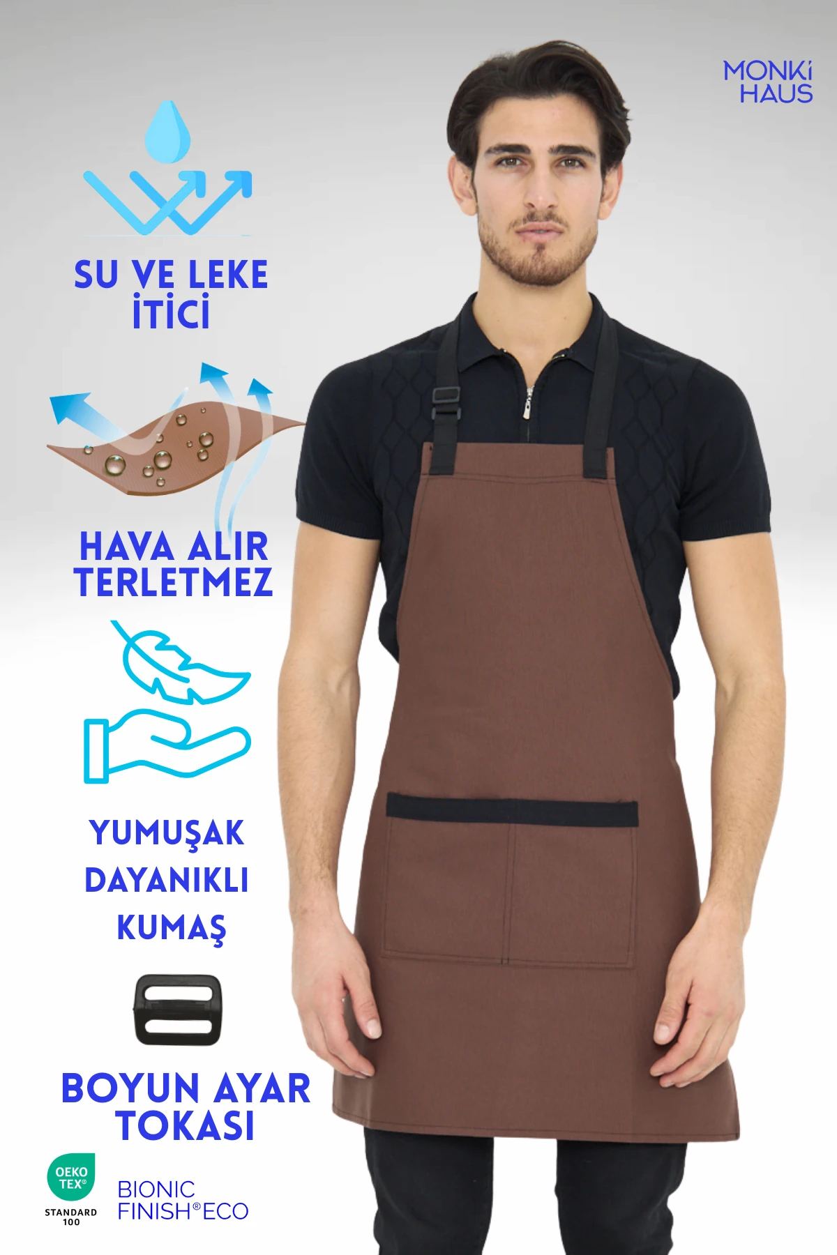 Su İtici Leke Tutmaz Kafe Barista Seramik Pasta Aşçı Garson Çiçekçi Restoran Cafe Apron Erkek Önlük - kahverengi