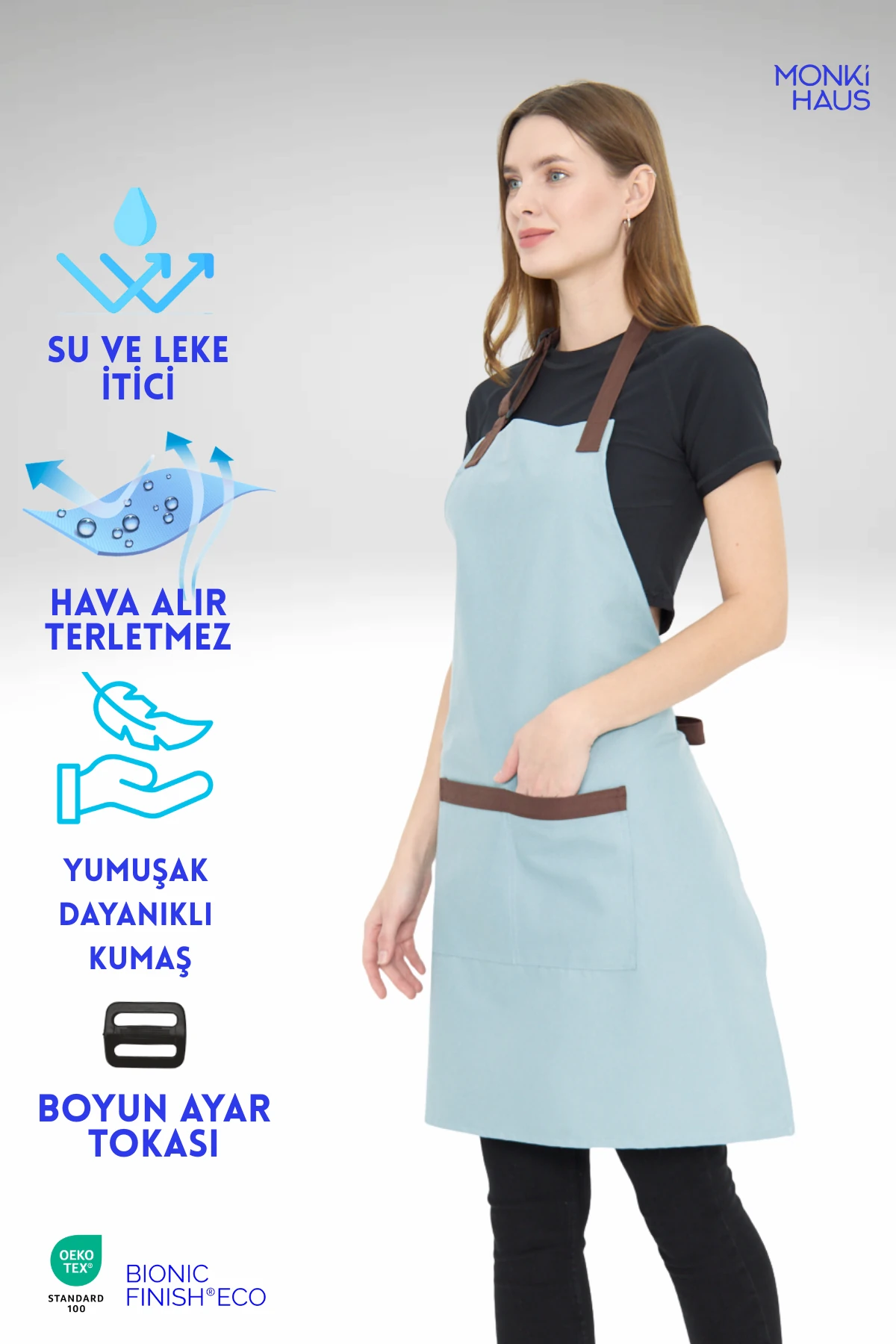 Su İtici Leke Tutmaz Kafe Barista Seramik Pasta Aşçı Garson Çiçekçi Restoran Cafe Apron Kadın Önlük - mavi