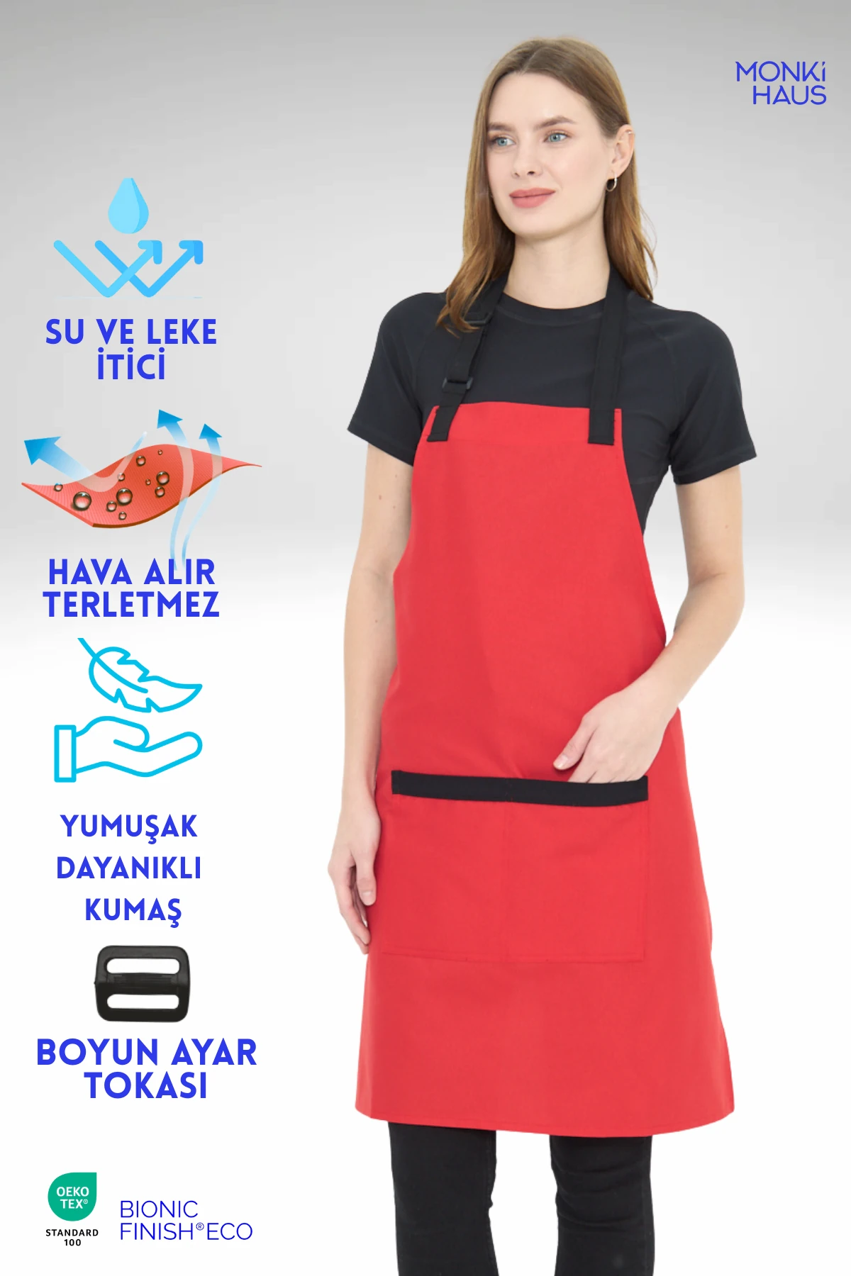 Su İtici Leke Tutmaz Kafe Barista Seramik Pasta Aşçı Garson Çiçekçi Restoran Cafe Apron Kadın Önlük - kırmızı