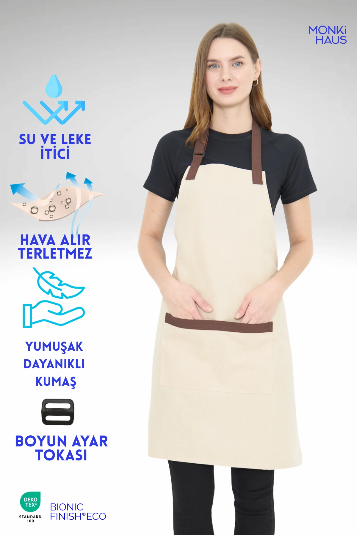 Su İtici Leke Tutmaz Kafe Barista Seramik Pasta Aşçı Garson Çiçekçi Restoran Cafe Apron Kadın Önlük - bej